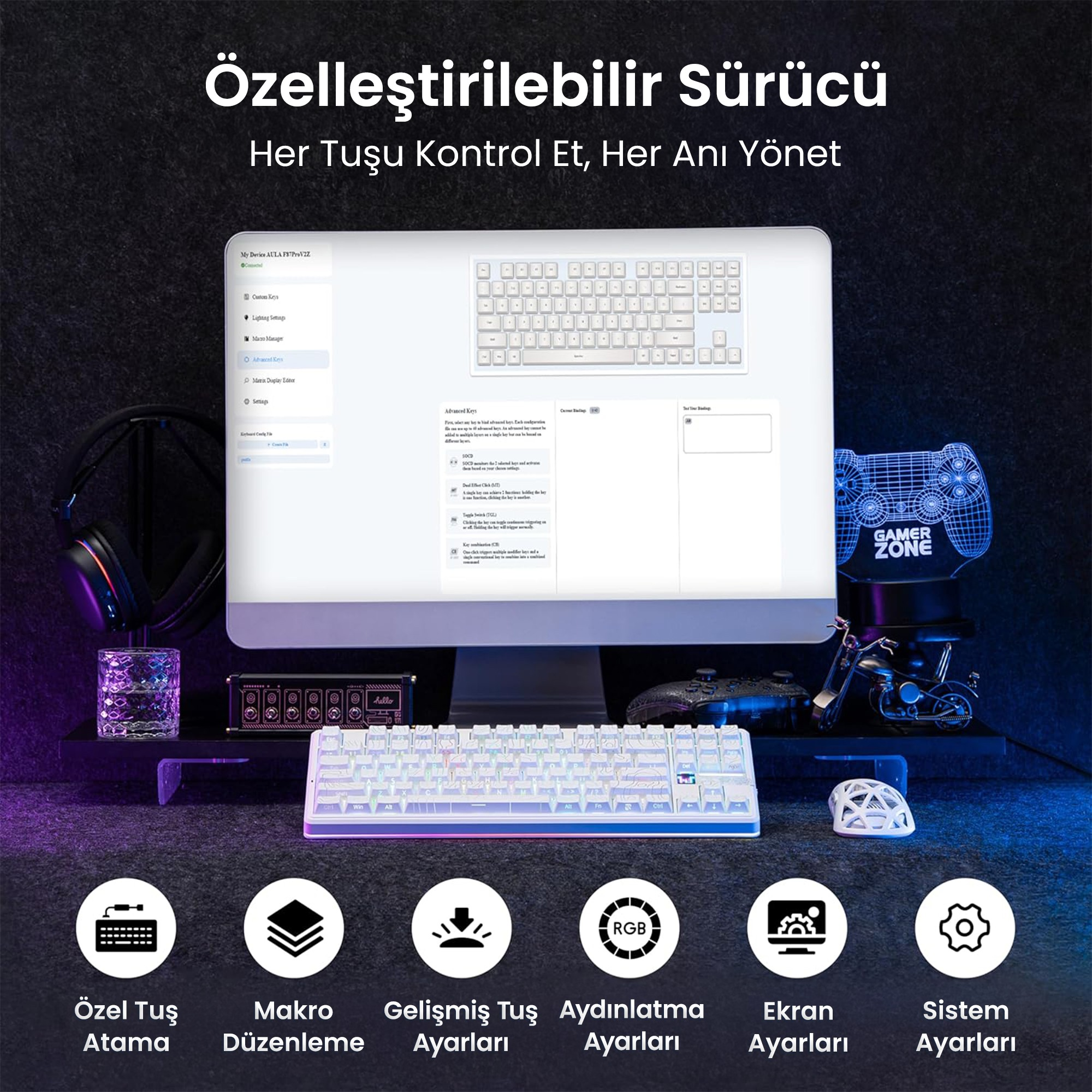 AULA F87 PRO V2 Mekanik RGB TKL Star Vector Switch Makrolu Hot Swap Desenli Kablosuz Gaming Klavye Beyaz