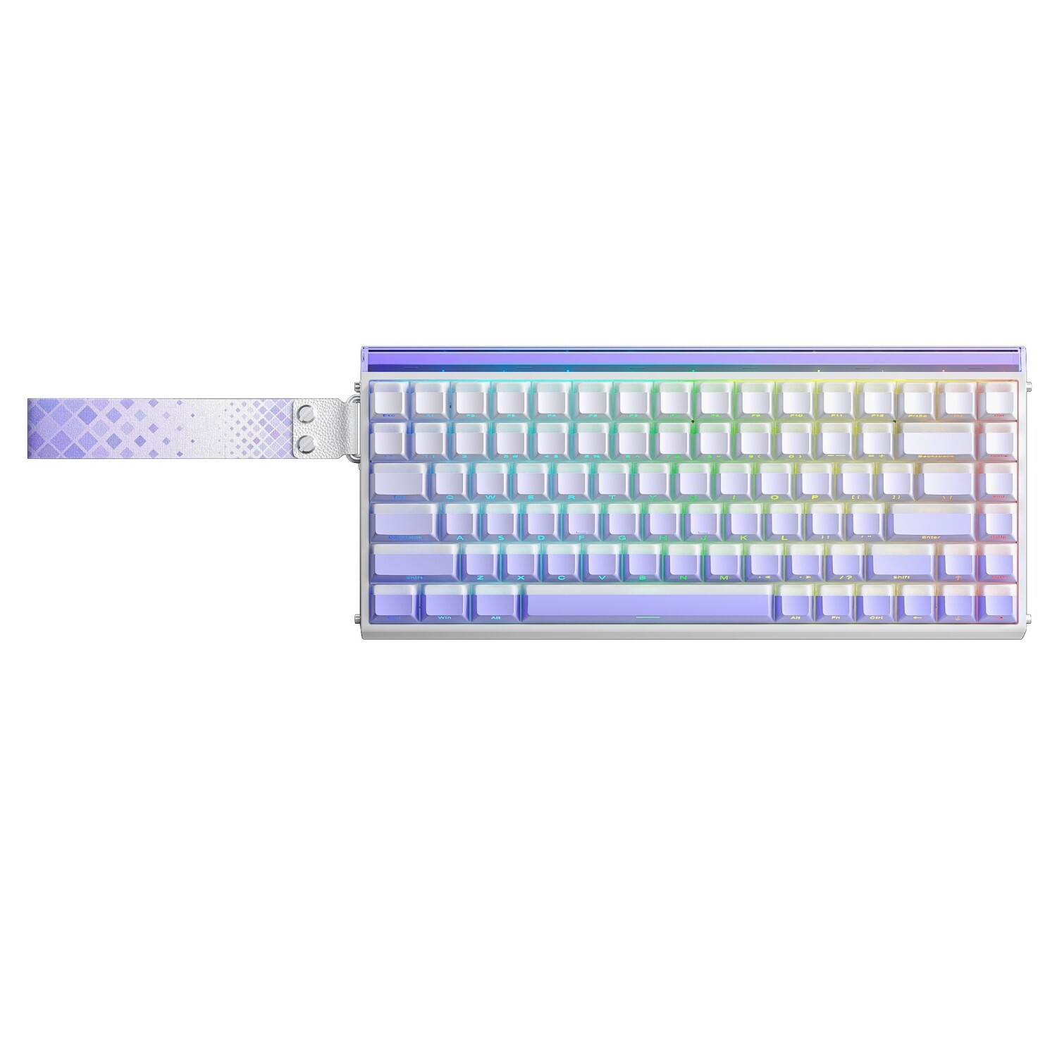 Beyaz arka planda RGB arka aydınlatmalı ve taşıma kayışlı beyaz ve mor klavye.