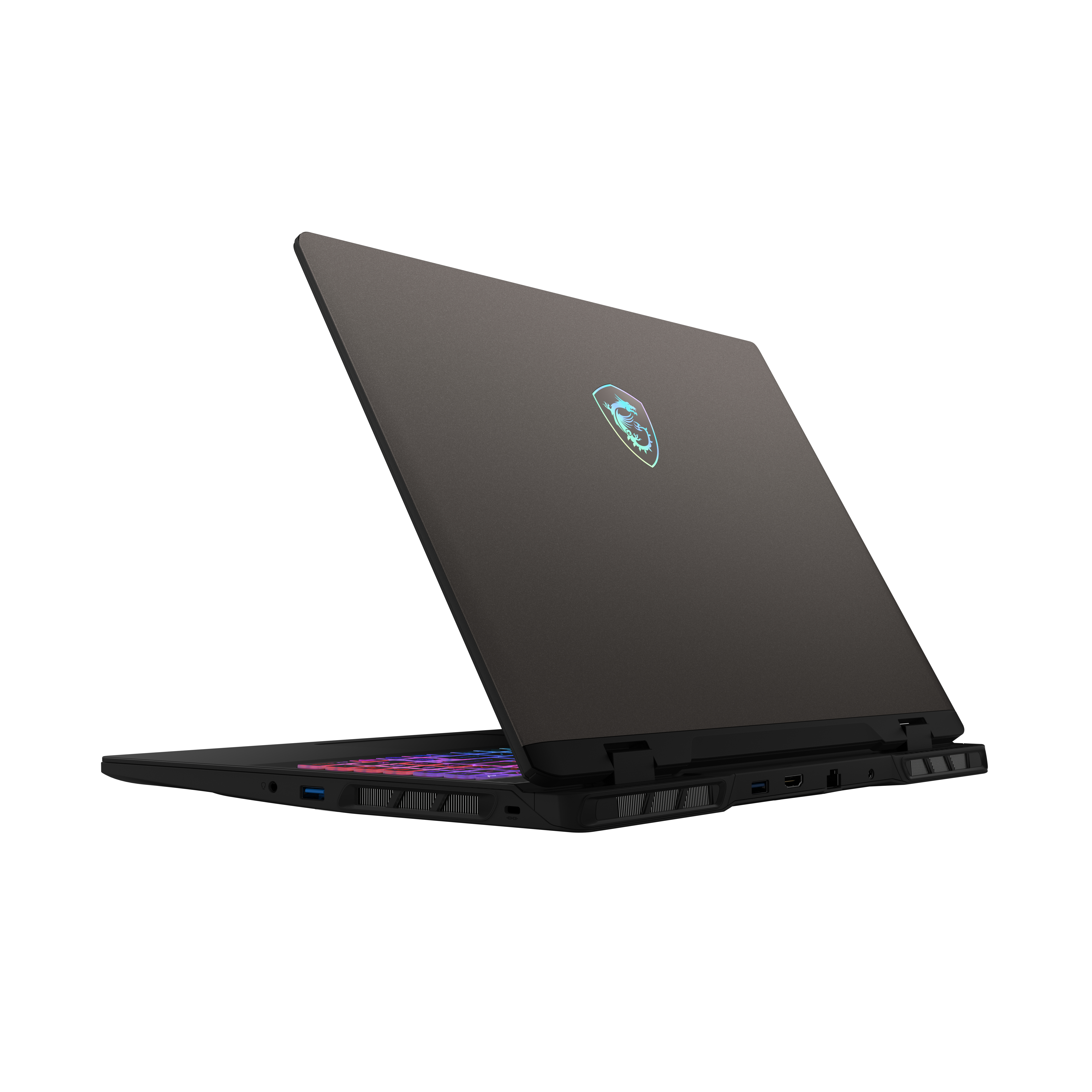 Czarny laptop do gier z podświetlanym logo smoka na klapie i świecącą klawiaturą, widoczny od tyłu.