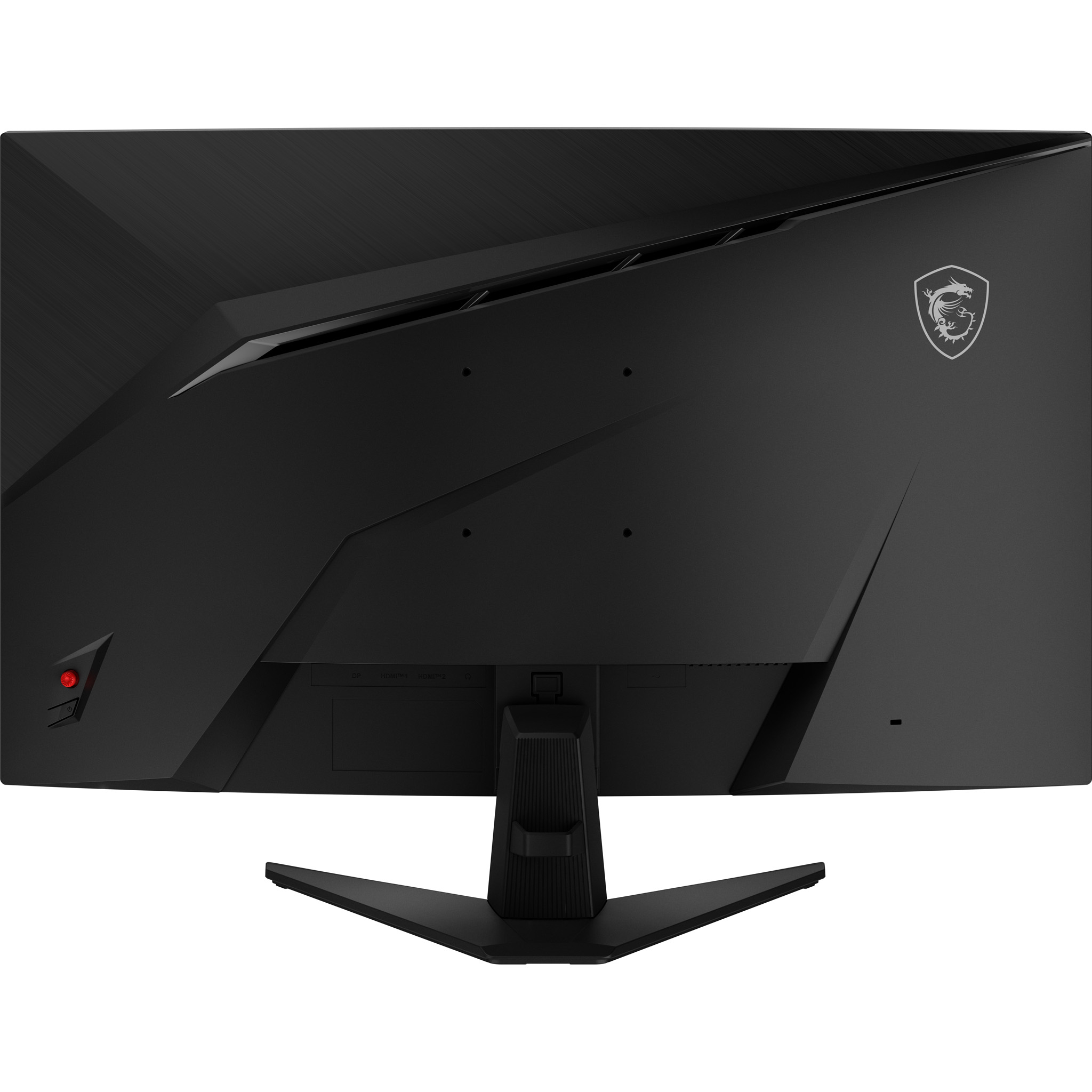 Rückseite eines schwarzen MSI-Gaming-Monitors mit VESA-Halterungslöchern, rotem Joystick und V-förmigem Standfuß.