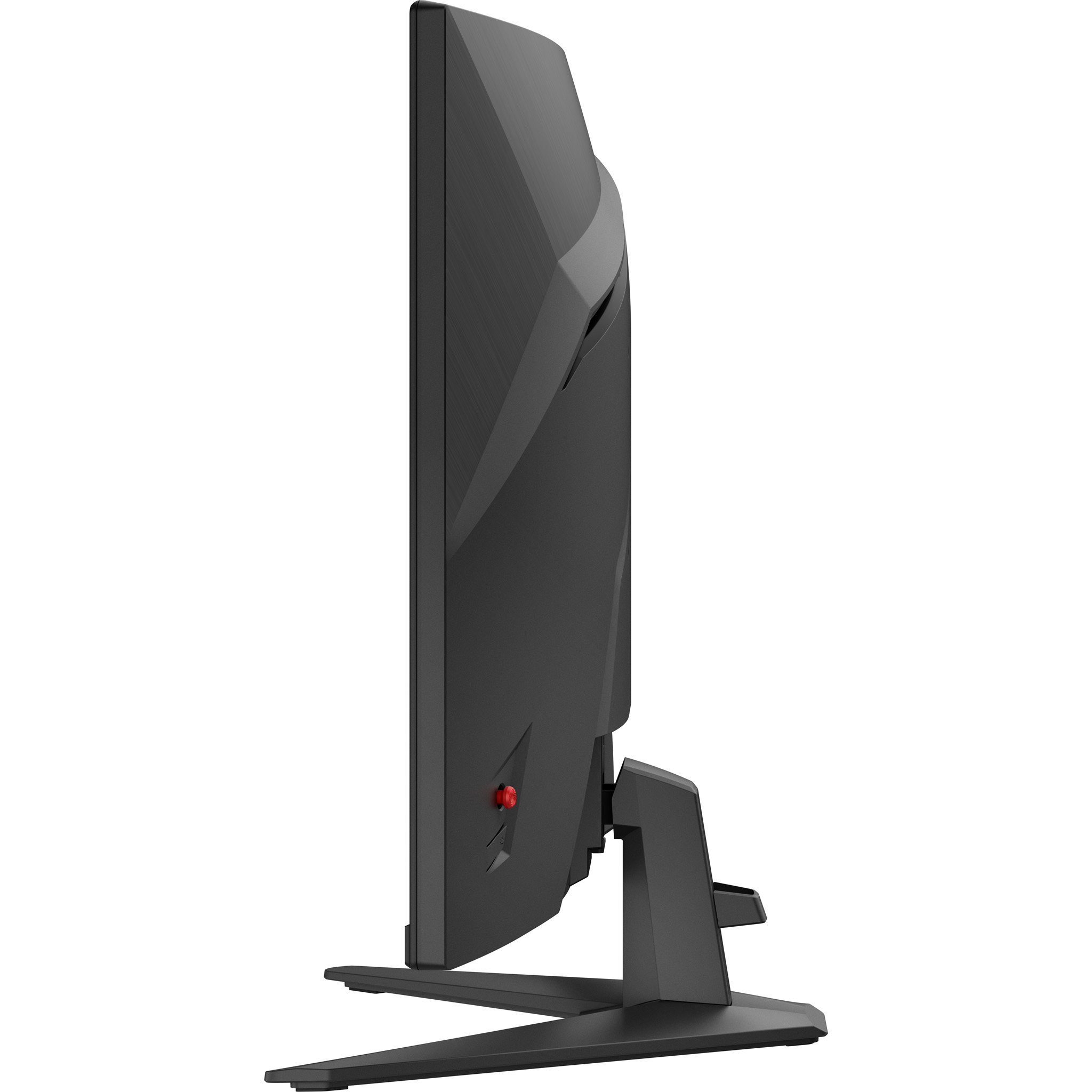 Seitenansicht eines modernen schwarzen Monitors mit Standfuß auf weißem Hintergrund.