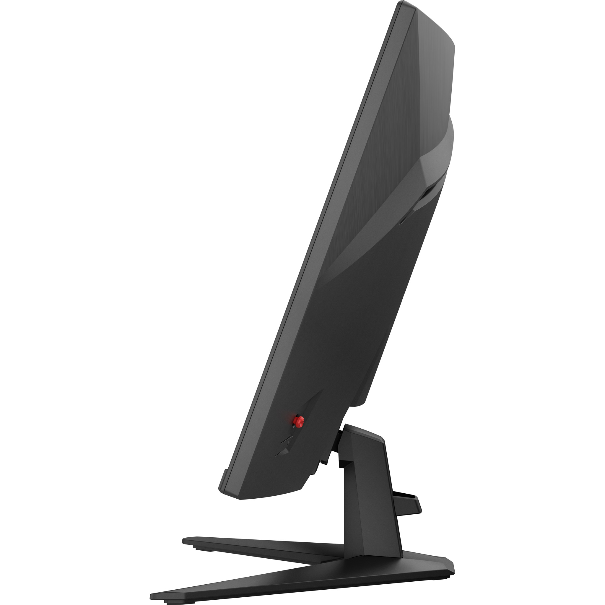 Seitenansicht eines schwarzen Monitors mit Ständer auf weißem Hintergrund.