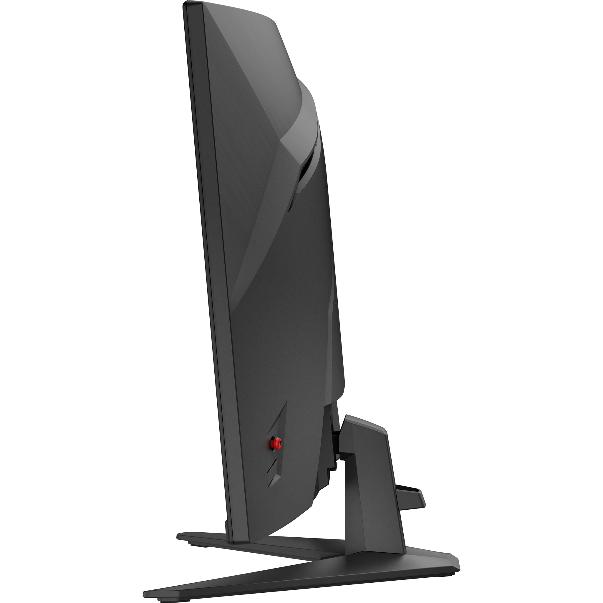 Seitenansicht eines schwarzen gebogenen Computerbildschirms mit einem Standfuß und einer roten Taste hinten.