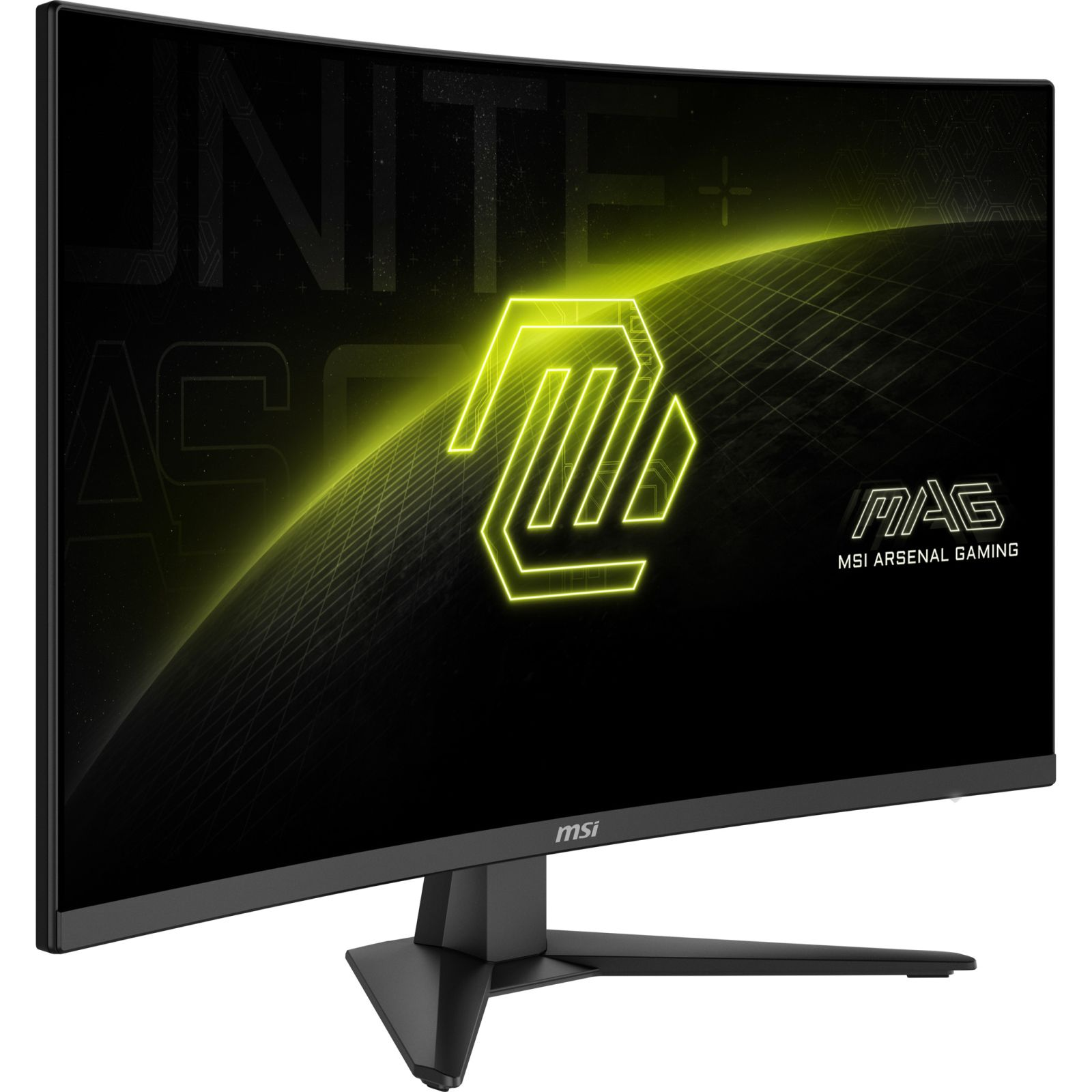 Ein gebogener MSI Gaming-Monitor zeigt ein gelbes Leuchtlogo auf dem Bildschirm.