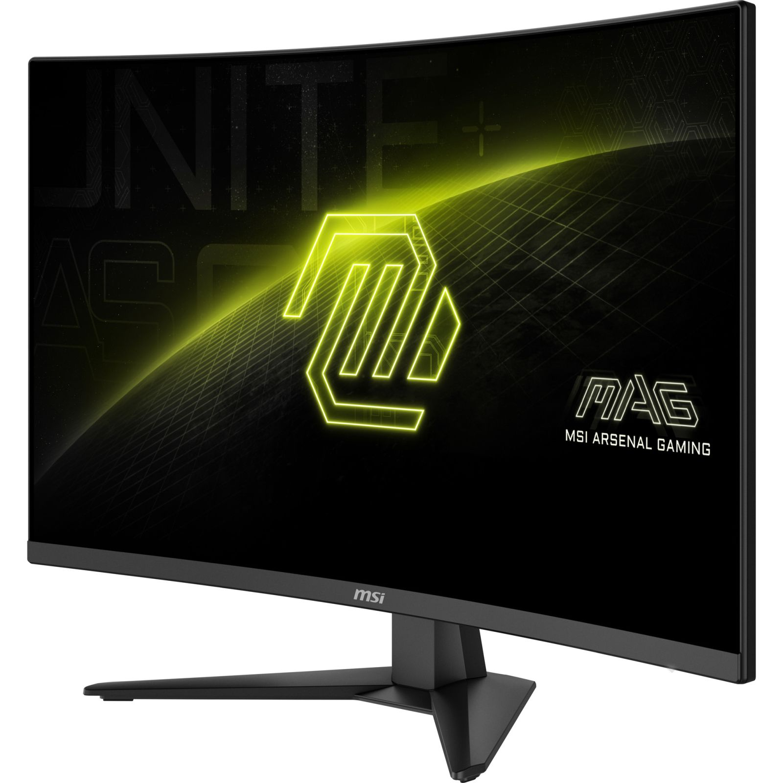 Ein gebogener MSI MAG Gaming-Monitor zeigt ein gelbes Leuchtlogo auf dem Bildschirm mit schwarzem Standfuß.