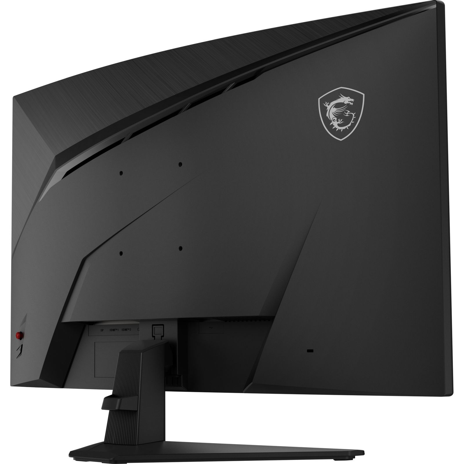 Rückansicht eines schwarzen MSI-Gaming-Monitors mit Drachenlogo auf weißem Hintergrund.