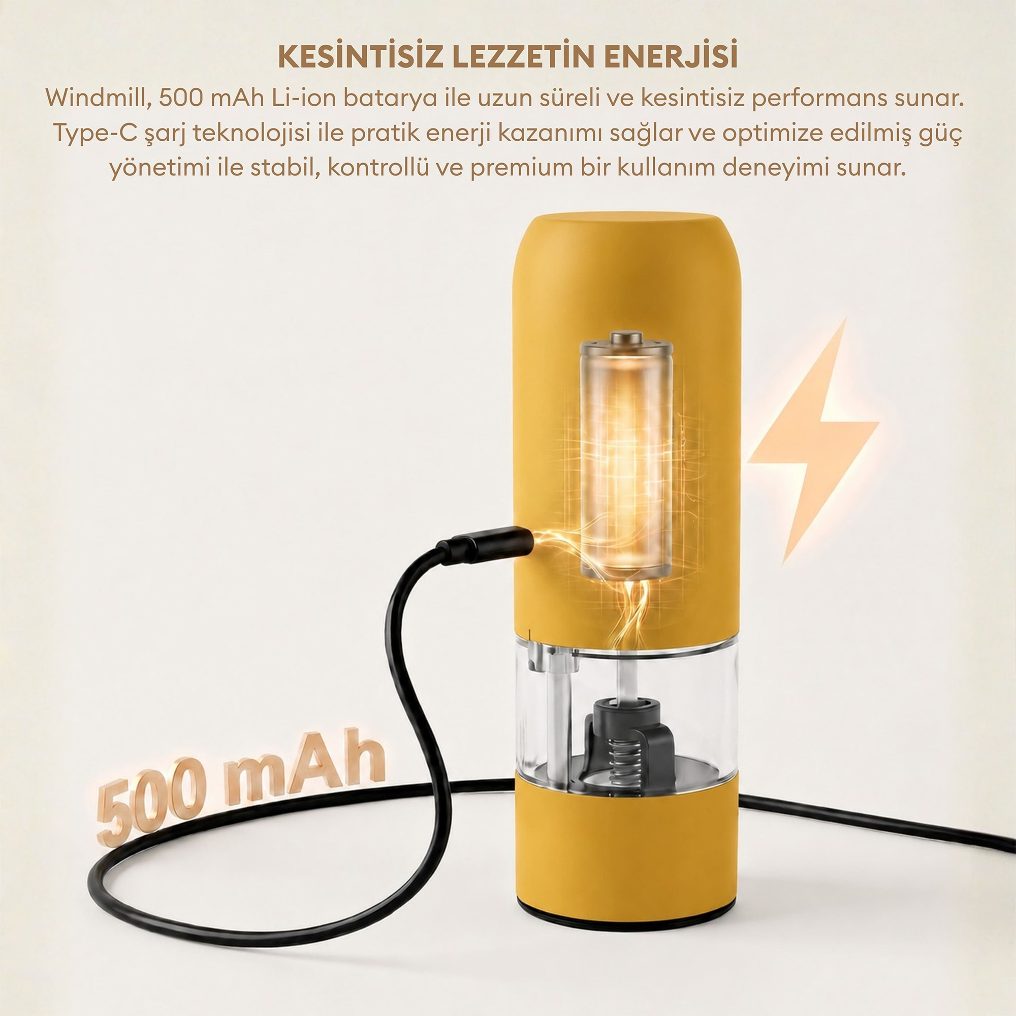 Dahili bataryalı ve USB-C kablolu sarı değirmen, 500 mAh grafik ve enerji akışı gösteriyor.