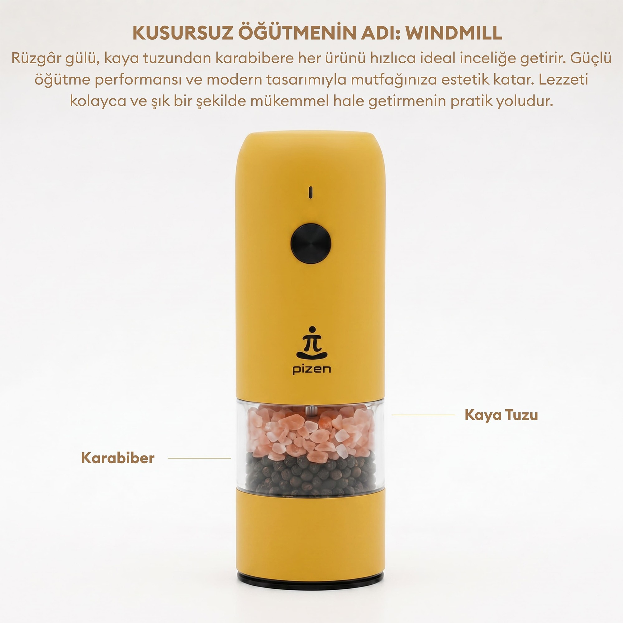 Pembe kaya tuzu ve karabiber dolu şeffaf haznesiyle sarı elektrikli tuz ve karabiber değirmeni.