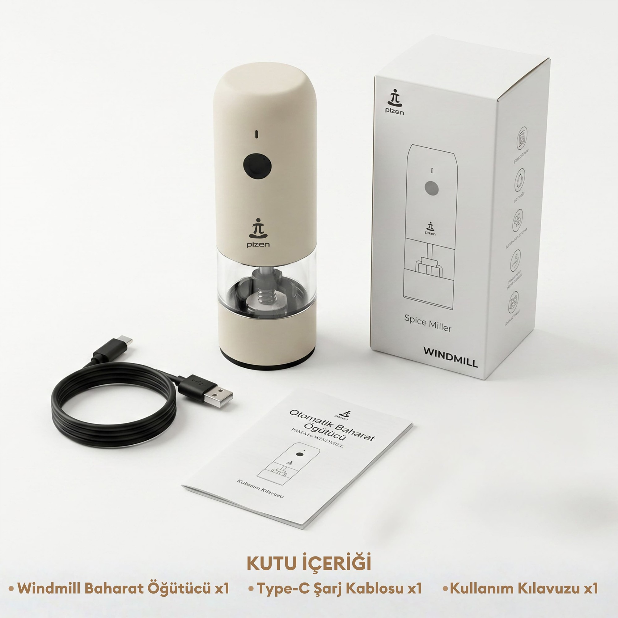 Beyaz zeminde bej renkli elektrikli baharat öğütücü, Type-C kablosu, kılavuz ve kutu.