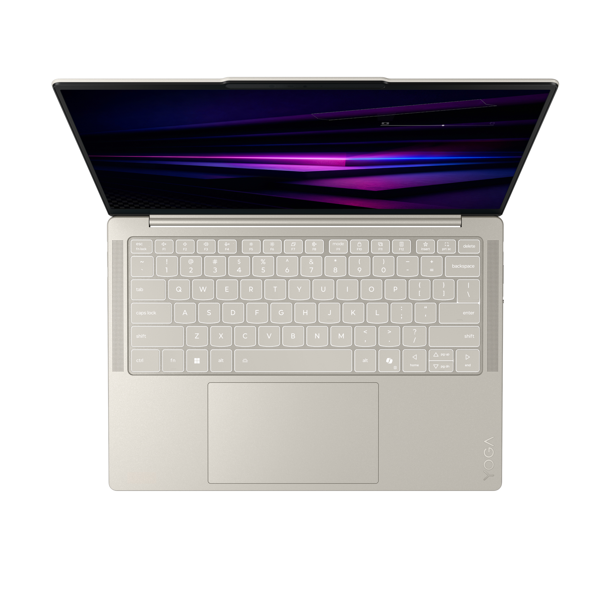Ein goldfarbener Laptop von oben geöffnet, mit beleuchtetem Bildschirm und QWERTY-Tastatur auf weißem Hintergrund.