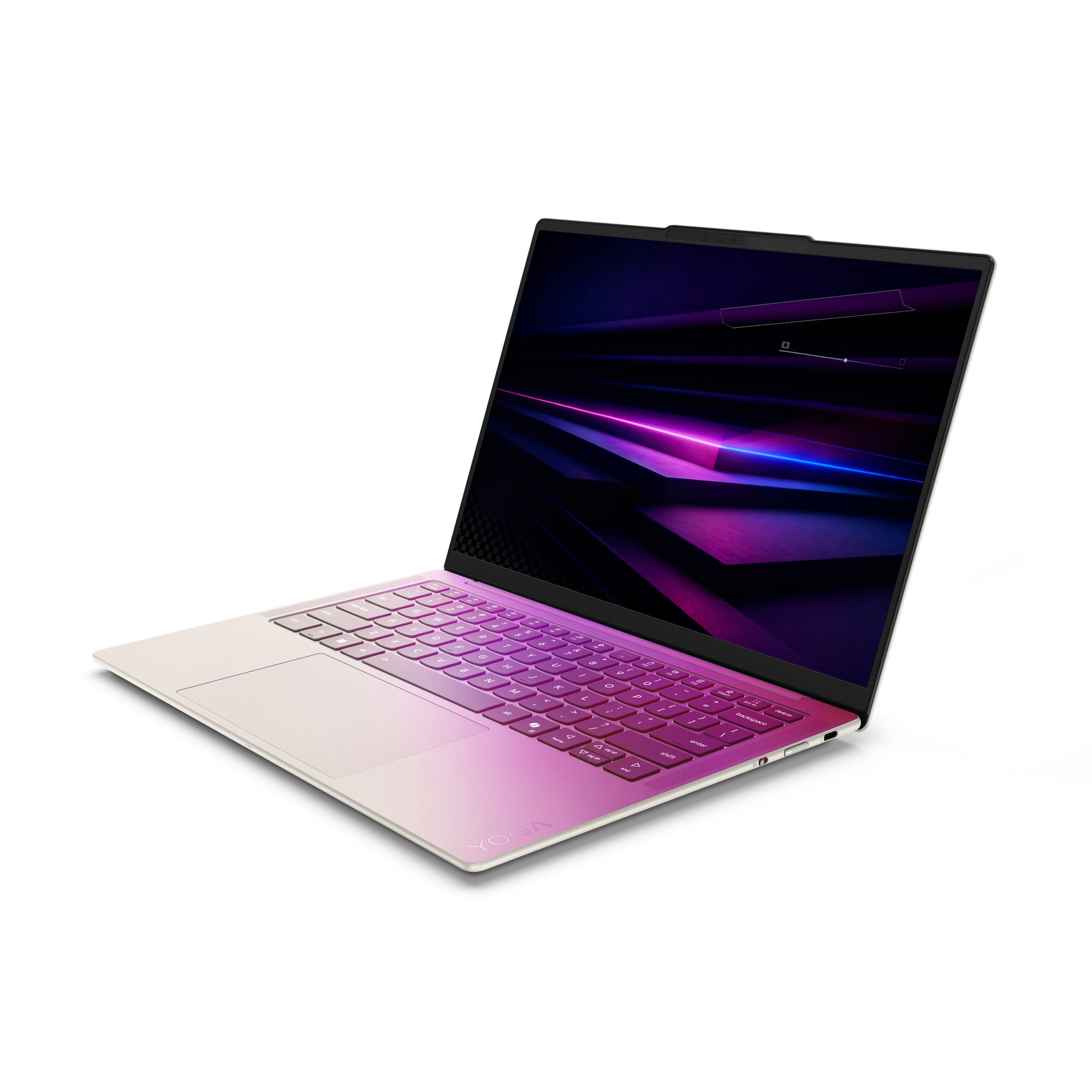 Ein rosafarbener Laptop mit Farbverlauf und beleuchteter Tastatur steht auf weißem Hintergrund.