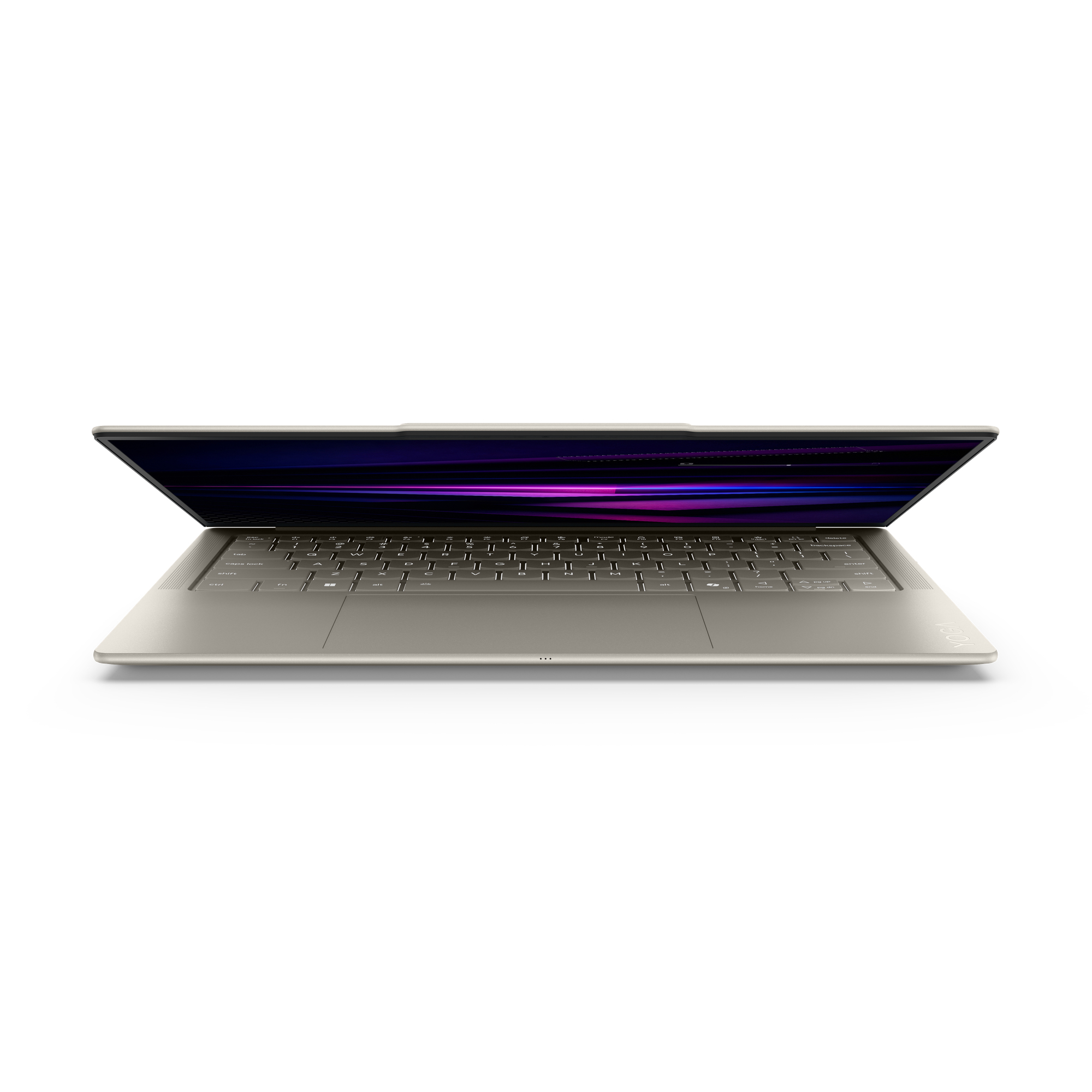 Ein offener, goldener Laptop mit einem farbigen Bildschirm und einer QWERTY-Tastatur auf weißem Hintergrund.