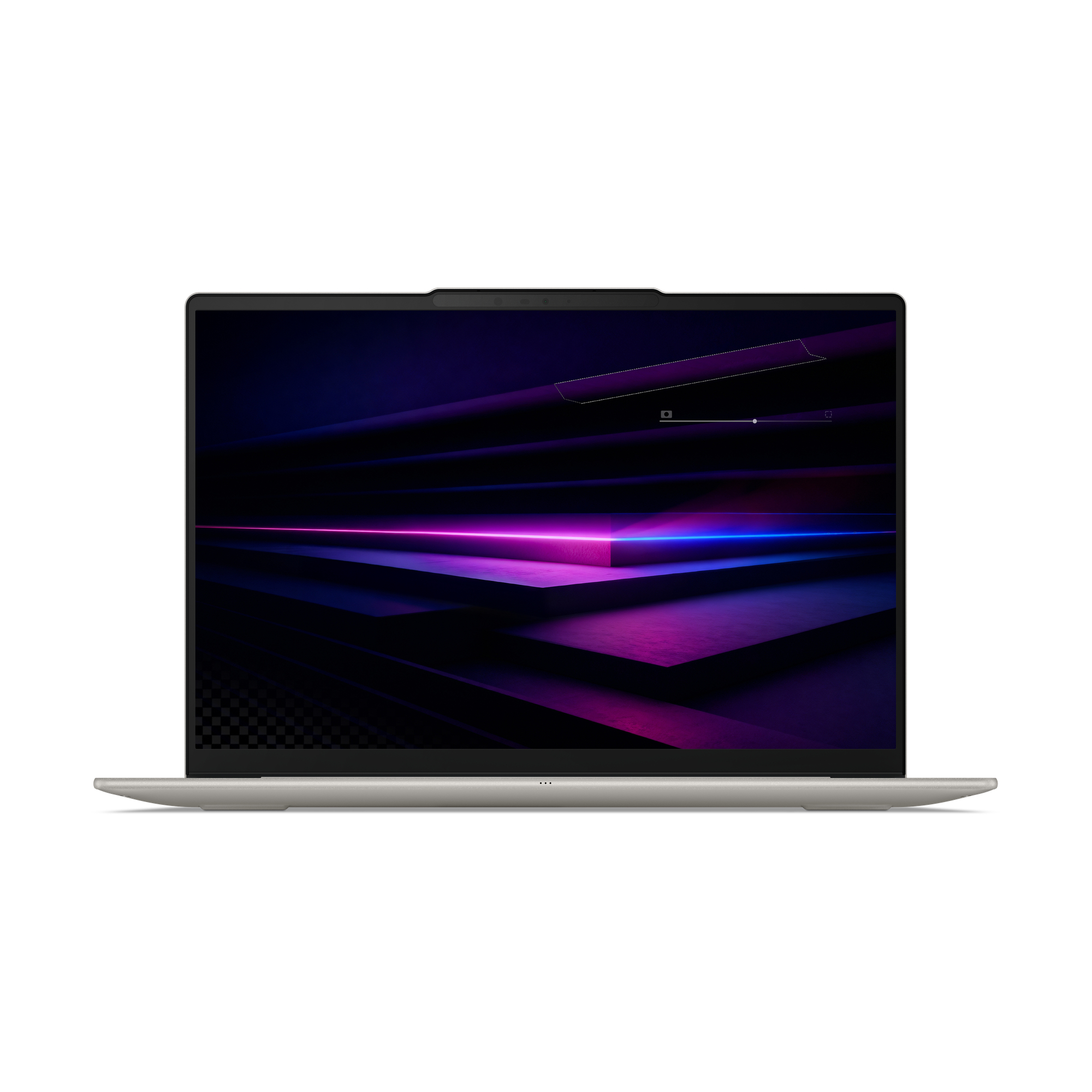 Ein silberner Laptop mit einem leuchtend lila und blauen abstrakten Hintergrundbild auf dem Bildschirm.