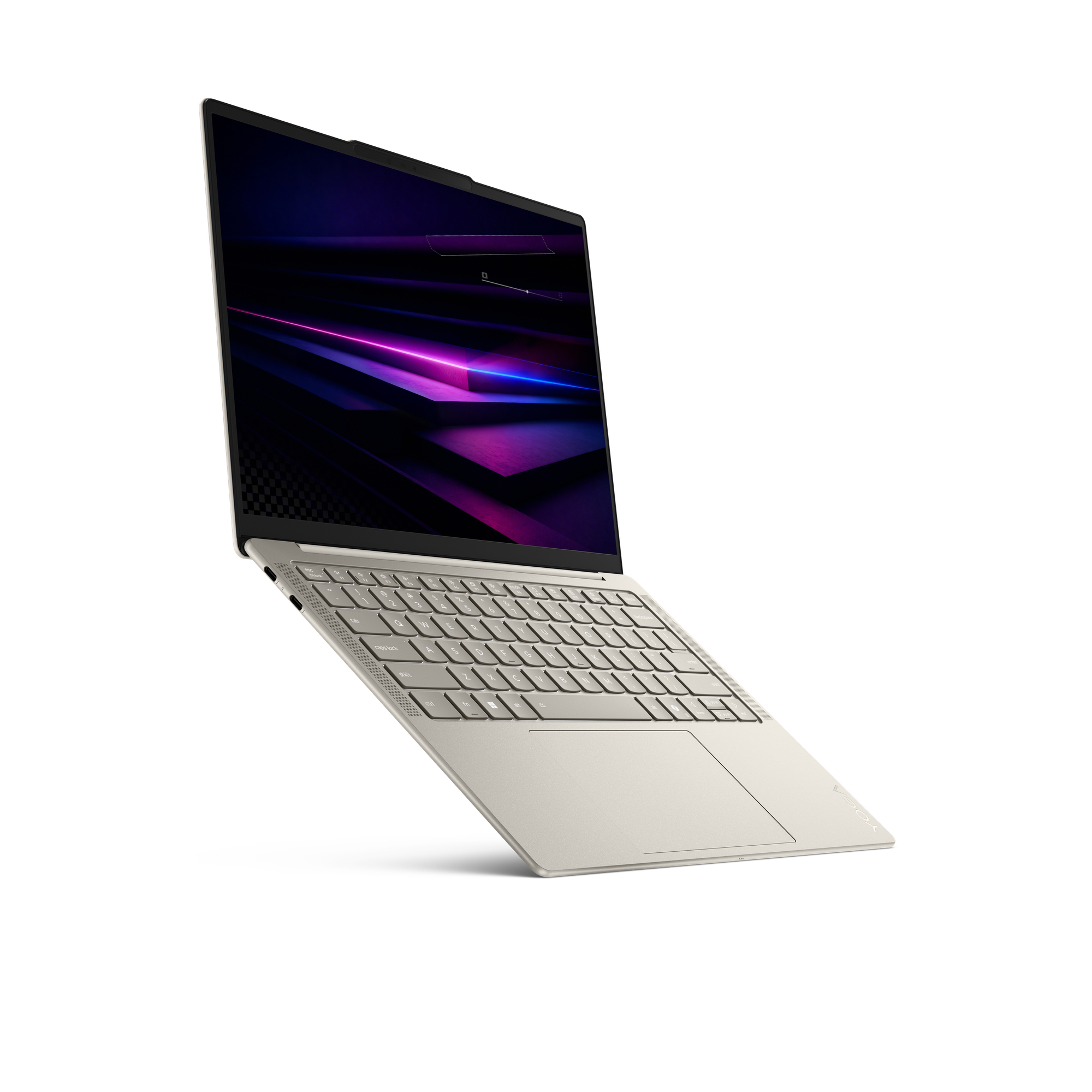 Ein silberner Laptop ist auf einem weißen Hintergrund positioniert und zeigt ein abstraktes Farbspiel auf dem Bildschirm.