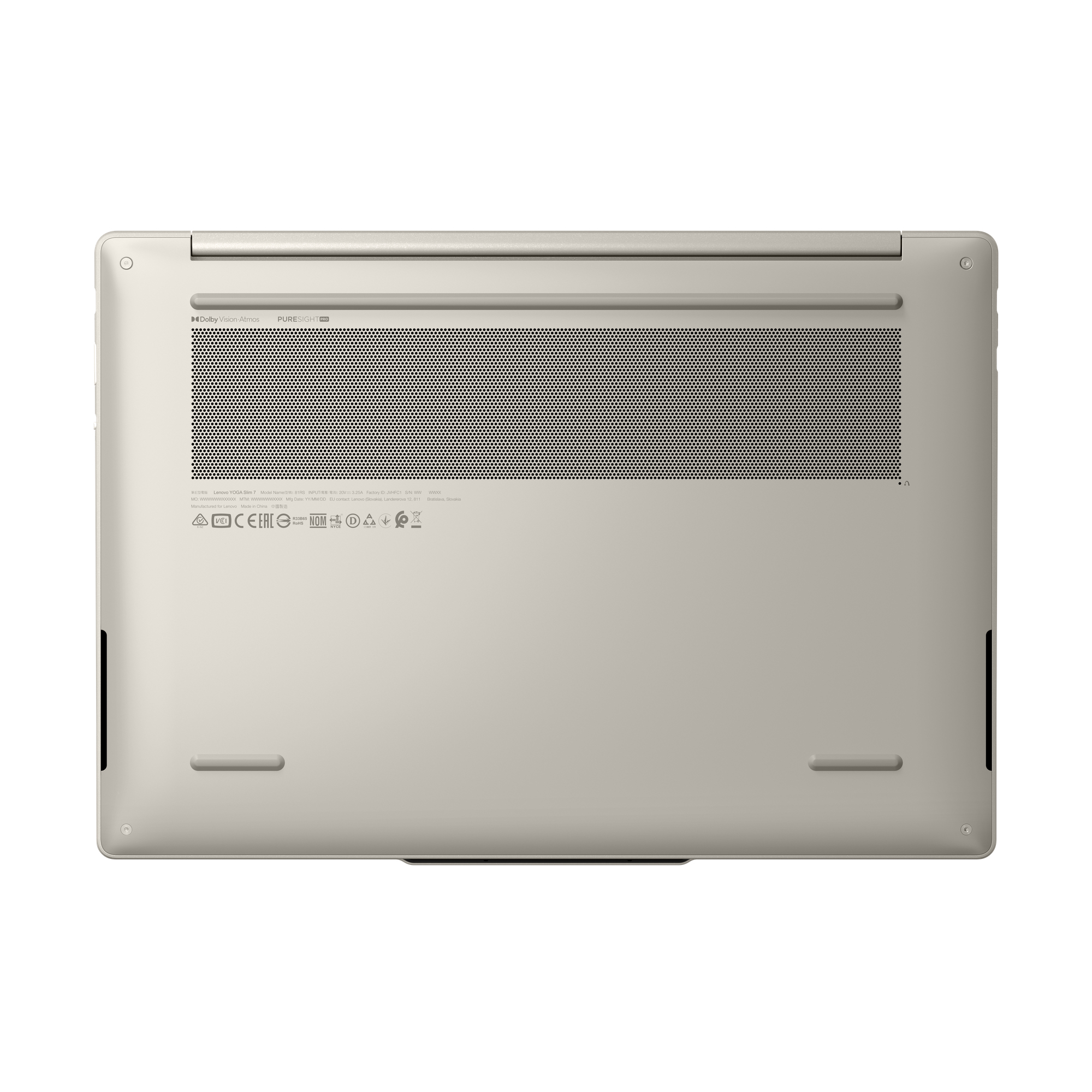 Unterseite eines silbernen Laptops mit grossem Lüftungsgitter und regulatorischen Symbolen.