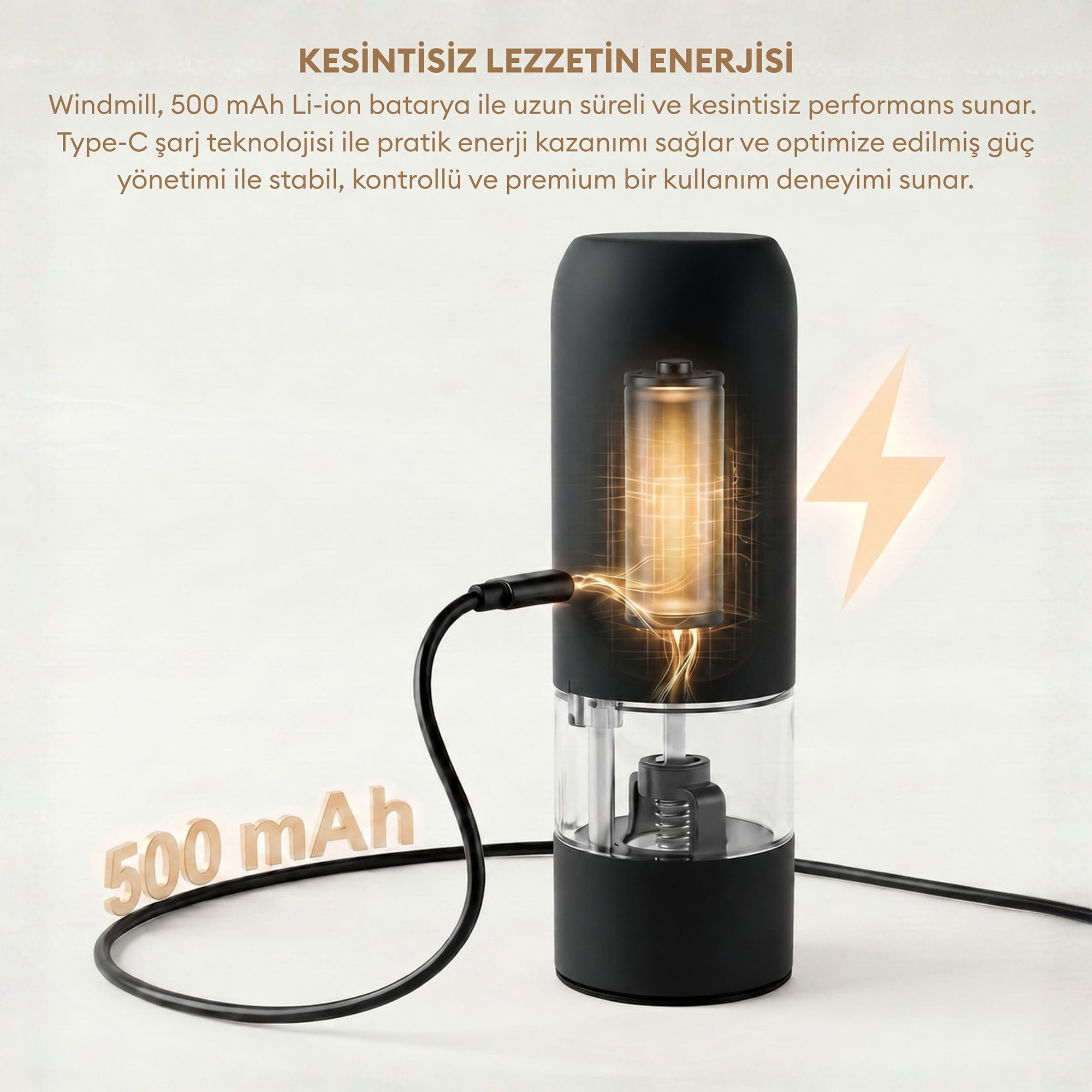 USB kablosuyla şarj olan siyah değirmen, pil grafiği ve Türkçe yazılar içeriyor.