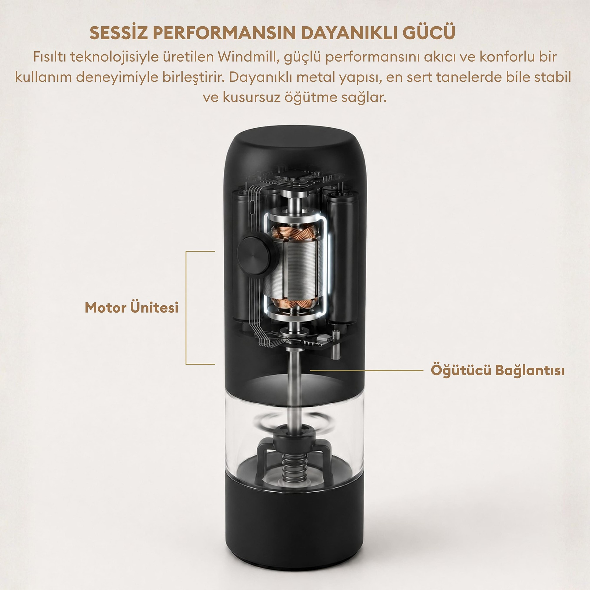 Açık arka plan üzerinde iç motor ünitesini gösteren Windmill değirmenin kesit görünümü.