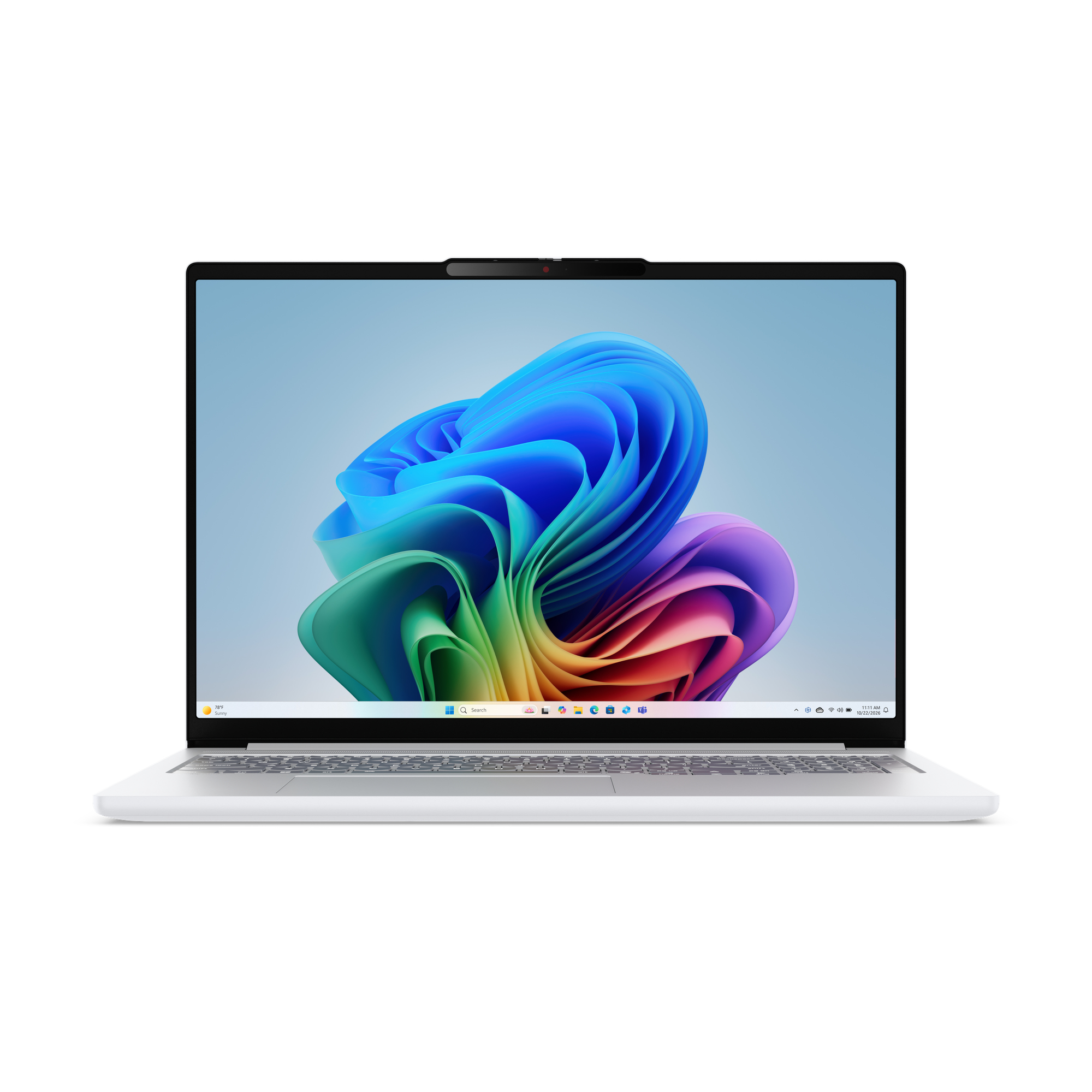 Ein weißer Laptop zeigt auf dem Bildschirm eine bunte, abstrakte Welle vor hellblauem Hintergrund.