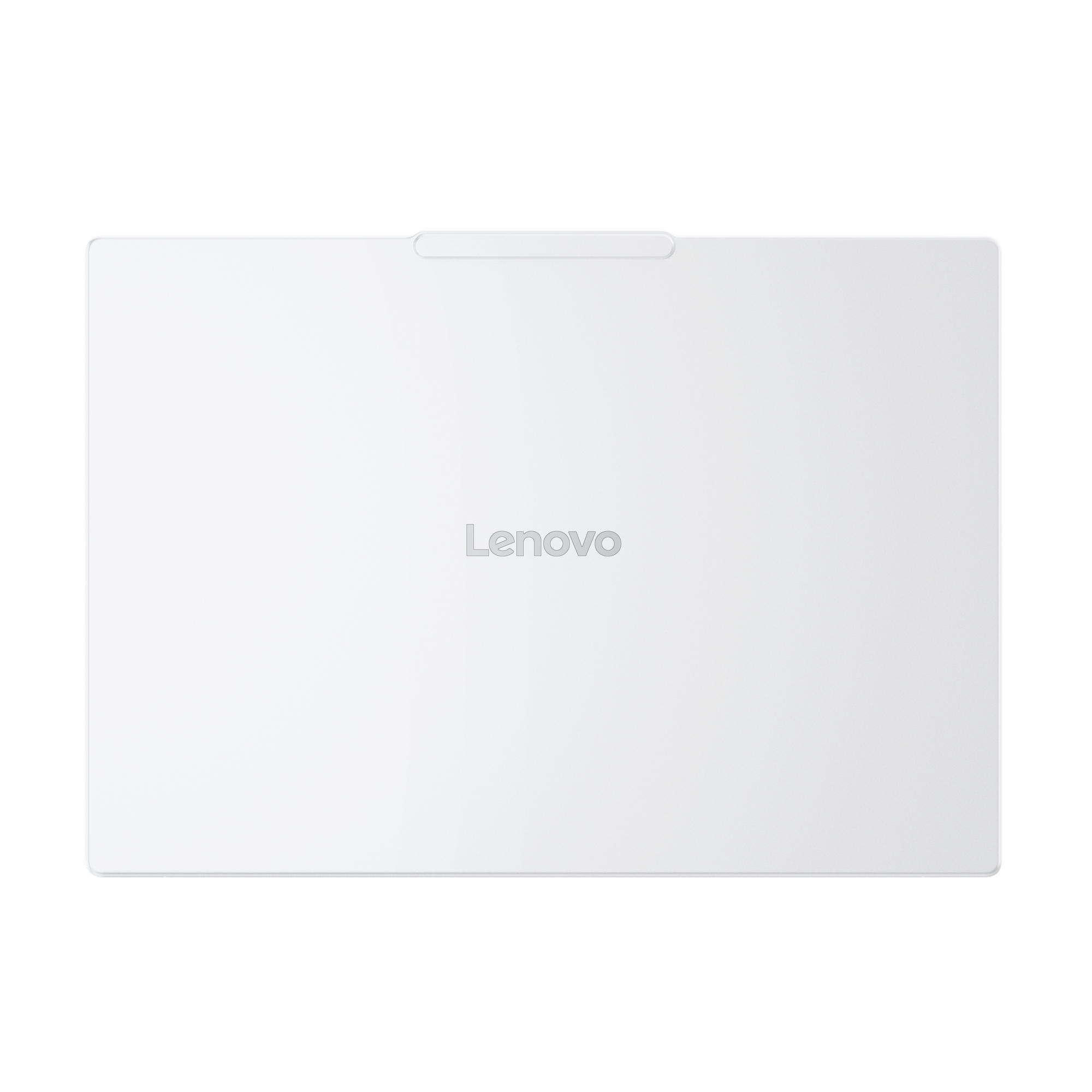 Die geschlossene Oberseite eines weißen Lenovo-Laptops mit zentriertem Logo.
