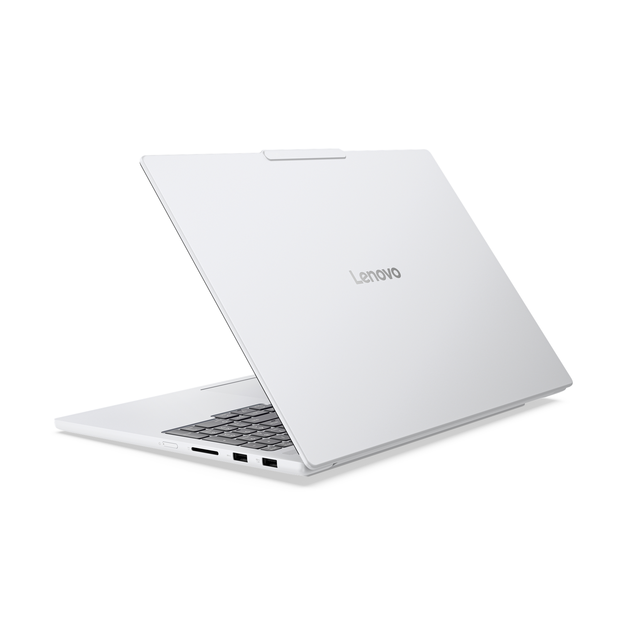 Ein weißer Lenovo Laptop von hinten und der Seite, zeigt die Tastatur und Anschlüsse auf weißem Grund.