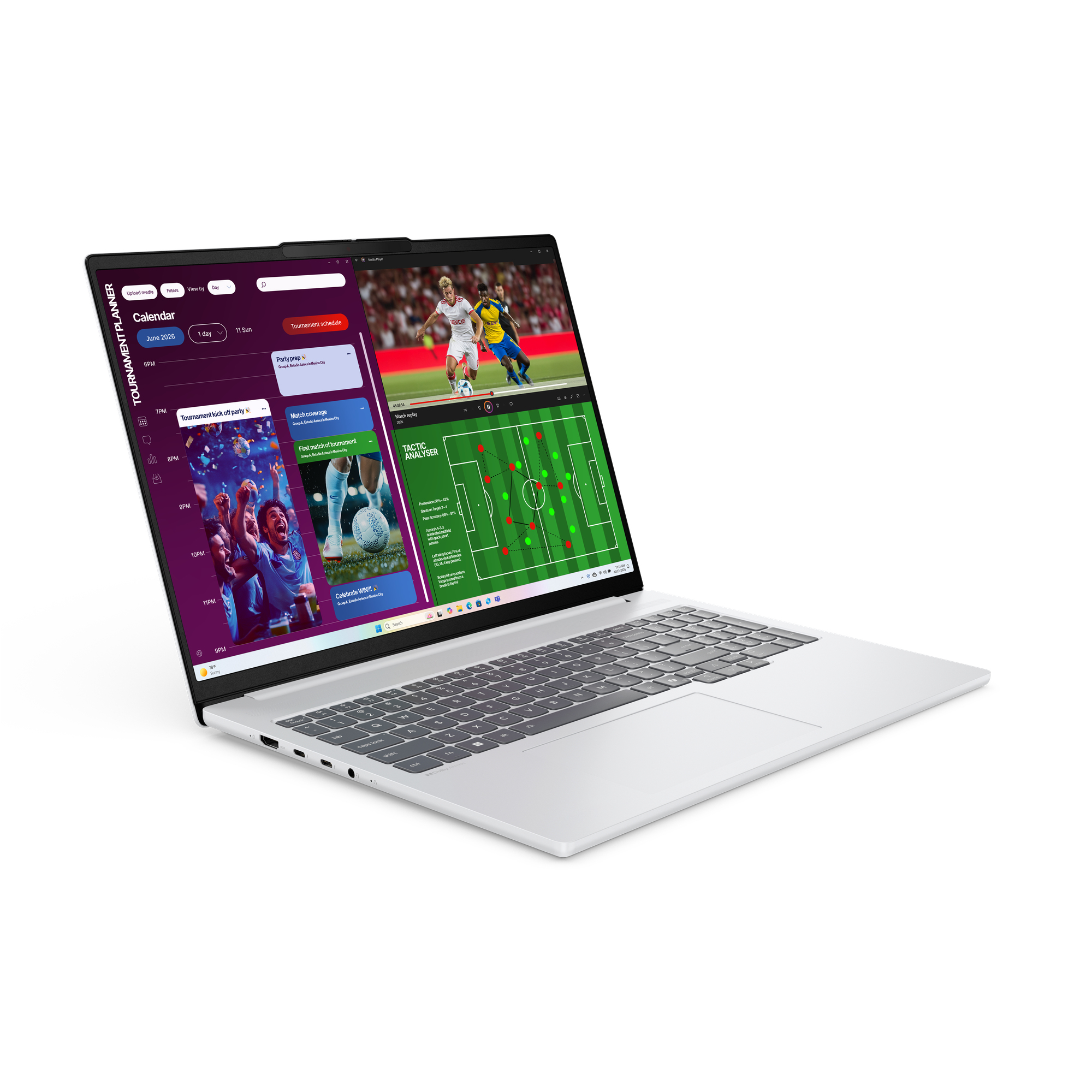 Ein silberner Laptop auf wei ßem Hintergrund zeigt ein Sport-Dashboard und ein Fußballspiel auf dem Bildschirm.