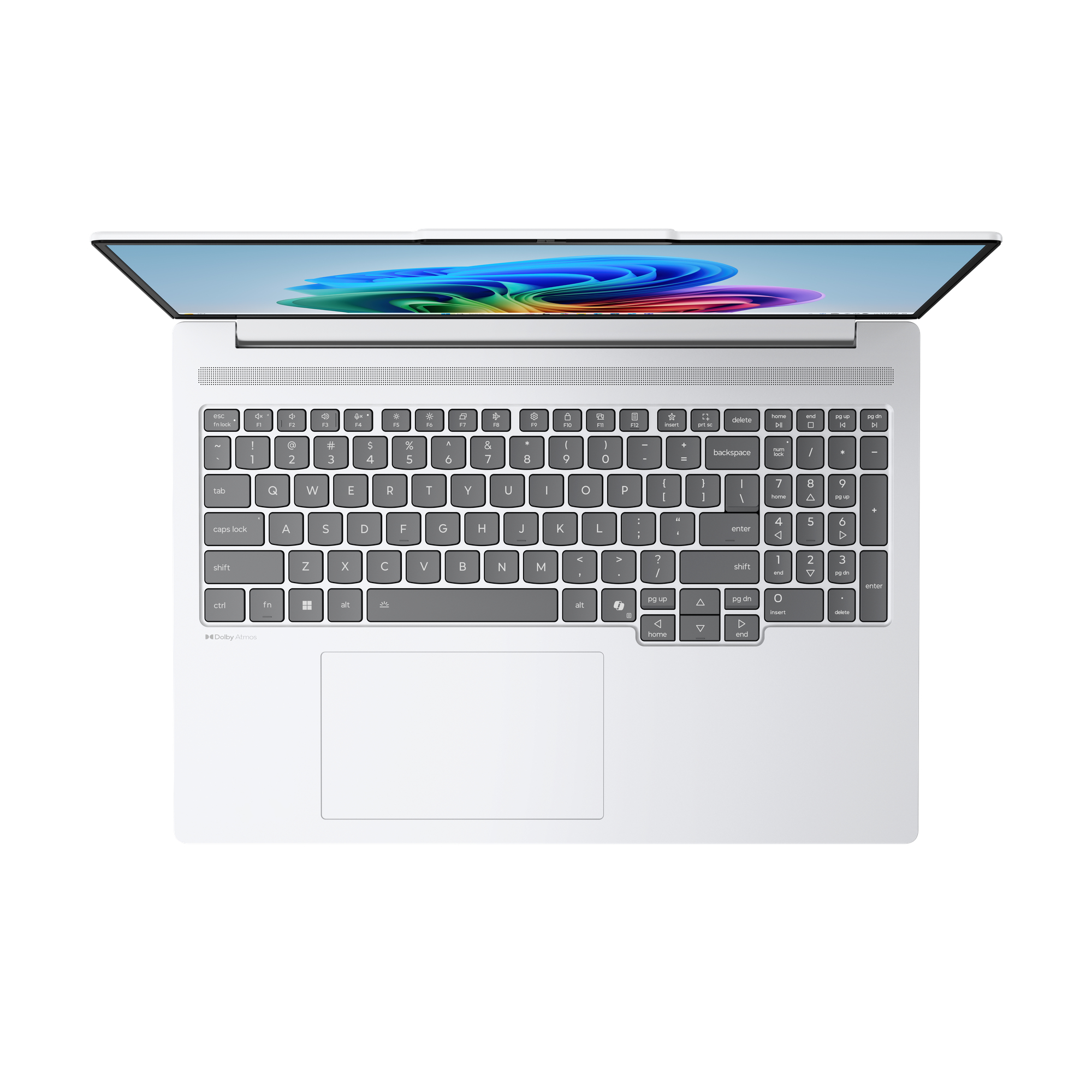 Draufsicht eines silbernen Laptops mit weißer Tastatur und blau-grünem Hintergrundbild auf dem geöffneten Bildschirm.