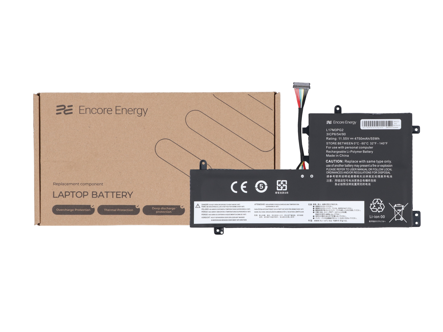 Zapasowa bateria do laptopa Encore Energy obok brązowego kartonowego pudełka.