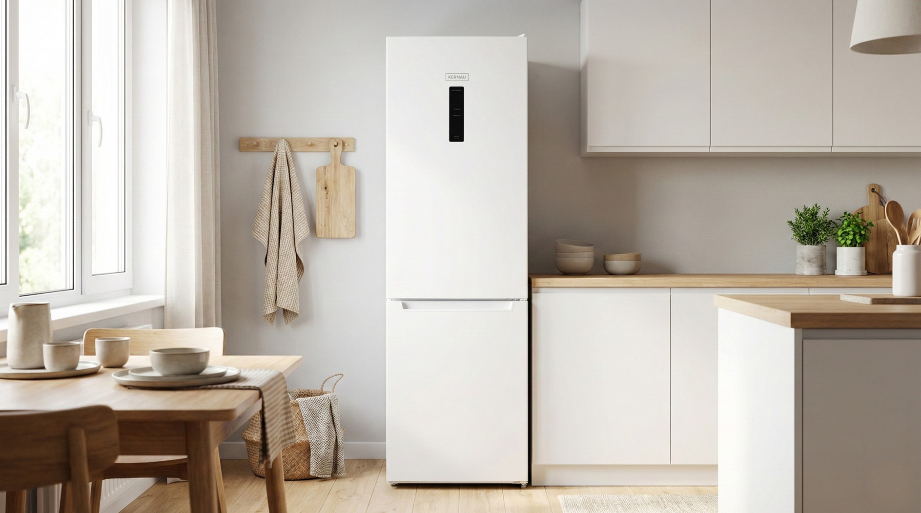 Nowoczesna biała lodówka w jasnej kuchni z drewnianym blatem i białymi szafkami.
