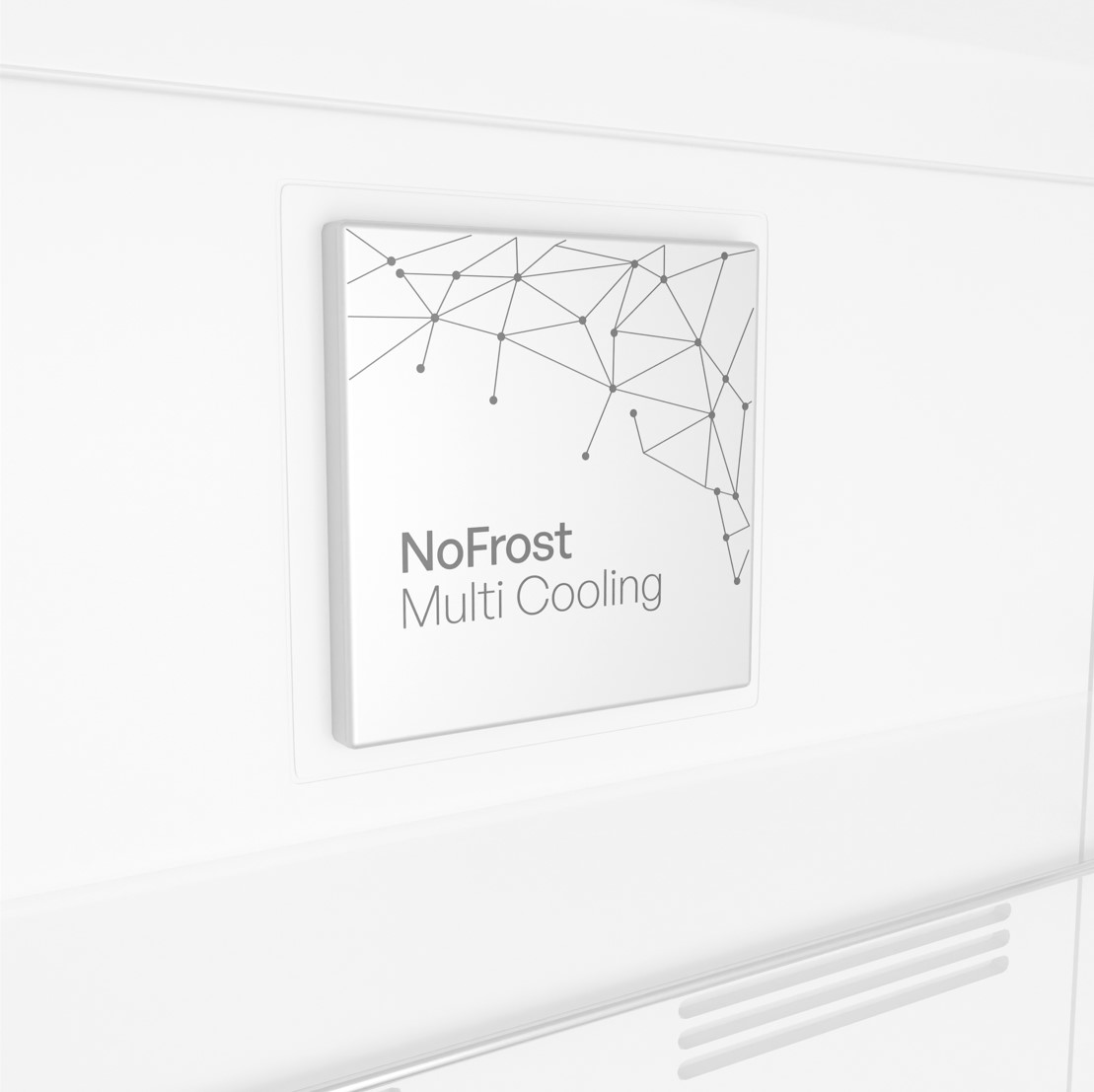 Biały znak na białej ścianie z szarym wzorem sieci i napisem NoFrost Multi Cooling.