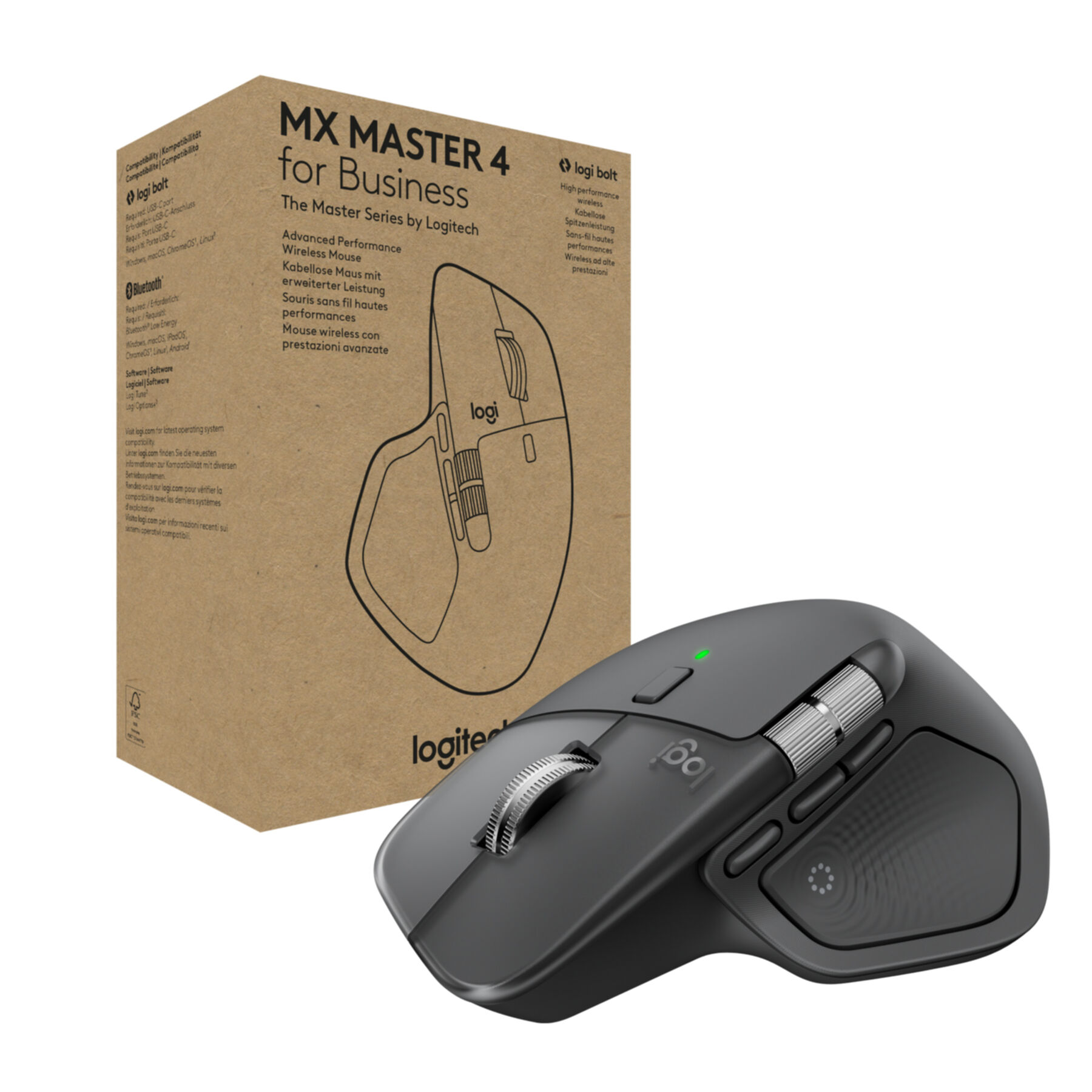 Eine graue kabellose Maus vor der Produktverpackung mit der Aufschrift MX Master 4 for Business.