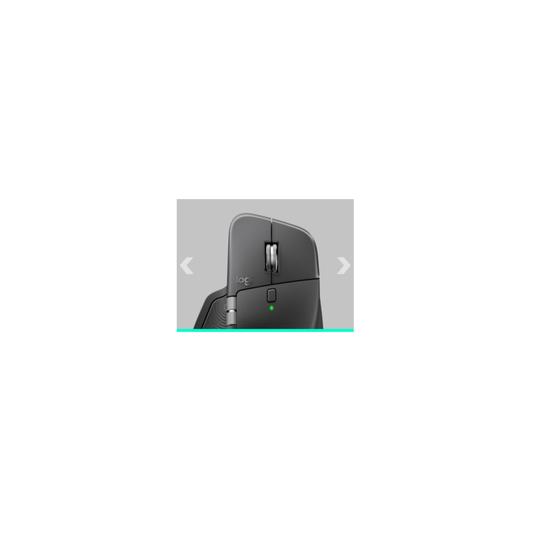 Nahaufnahme der grauen Logitech-Maus mit silbernem Scrollrad und grüner LED, umgeben von grauen Hintergrundpfeilen.