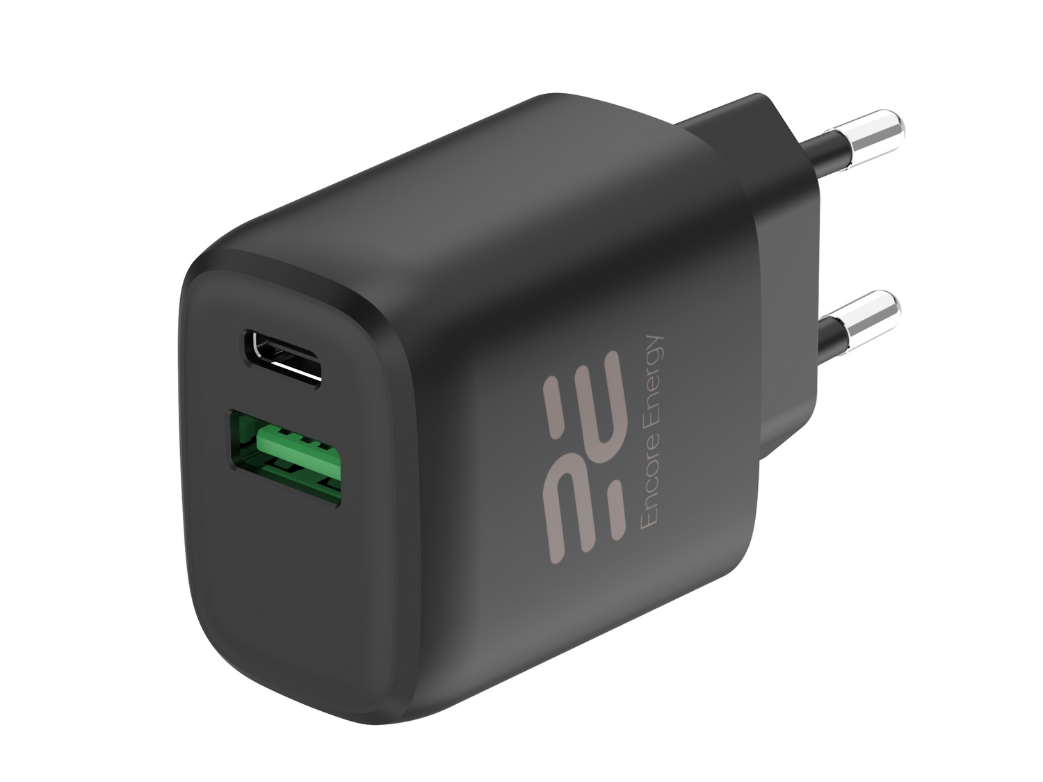 Czarna ładowarka sieciowa USB z jednym portem USB-C i jednym zielonym portem USB-A na jasnym tle.