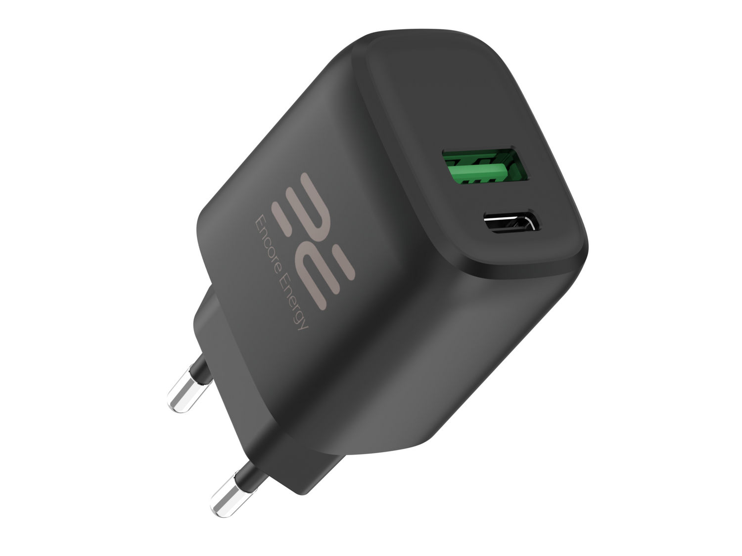 Czarna ładowarka USB z wtyczką UE i dwoma portami.
