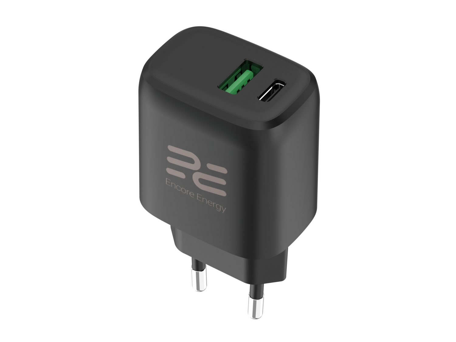 Czarna ładowarka sieciowa USB Encore Energy z portem USB-A i USB-C na białym tle.