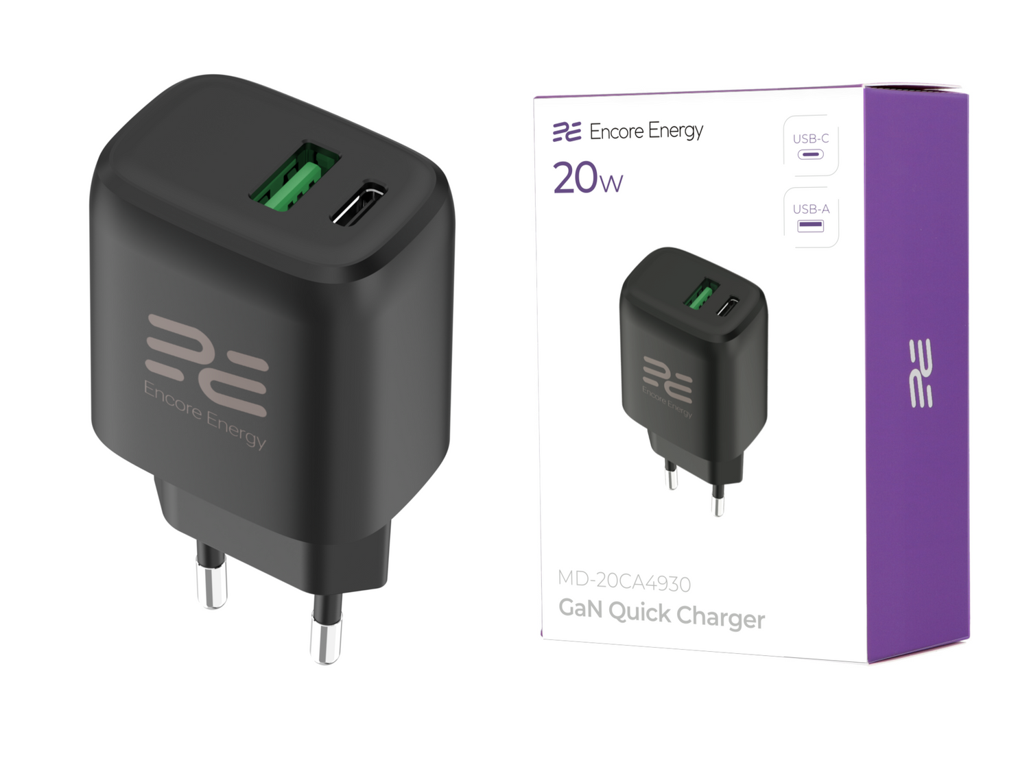 Czarna ładowarka GaN 20W z portami USB-A i USB-C, stojąca obok białego i fioletowego opakowania.