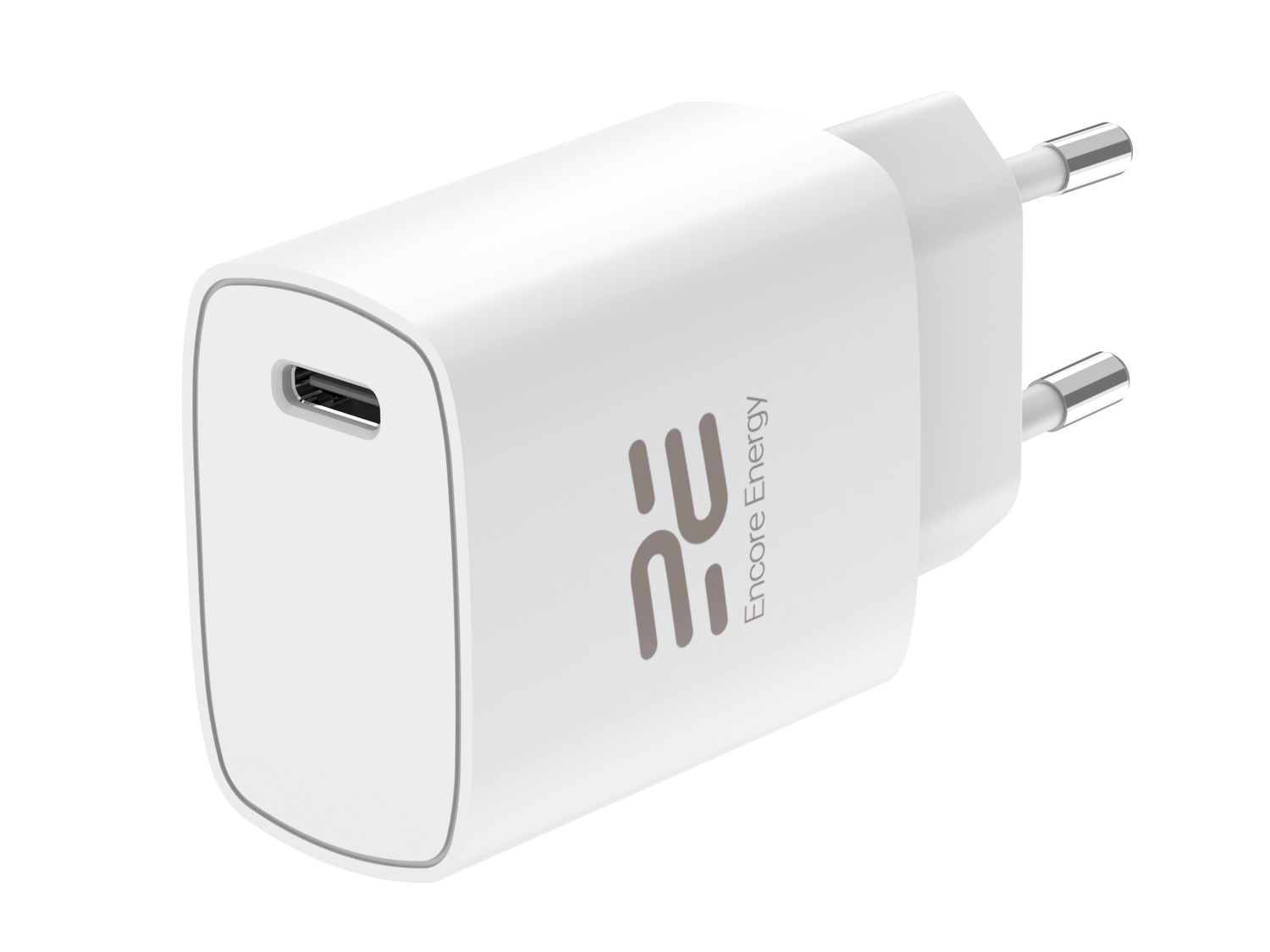 Biała ładowarka ścienna USB-C z dwoma okrągłymi bolcami na neutralnym, jasnym tle.