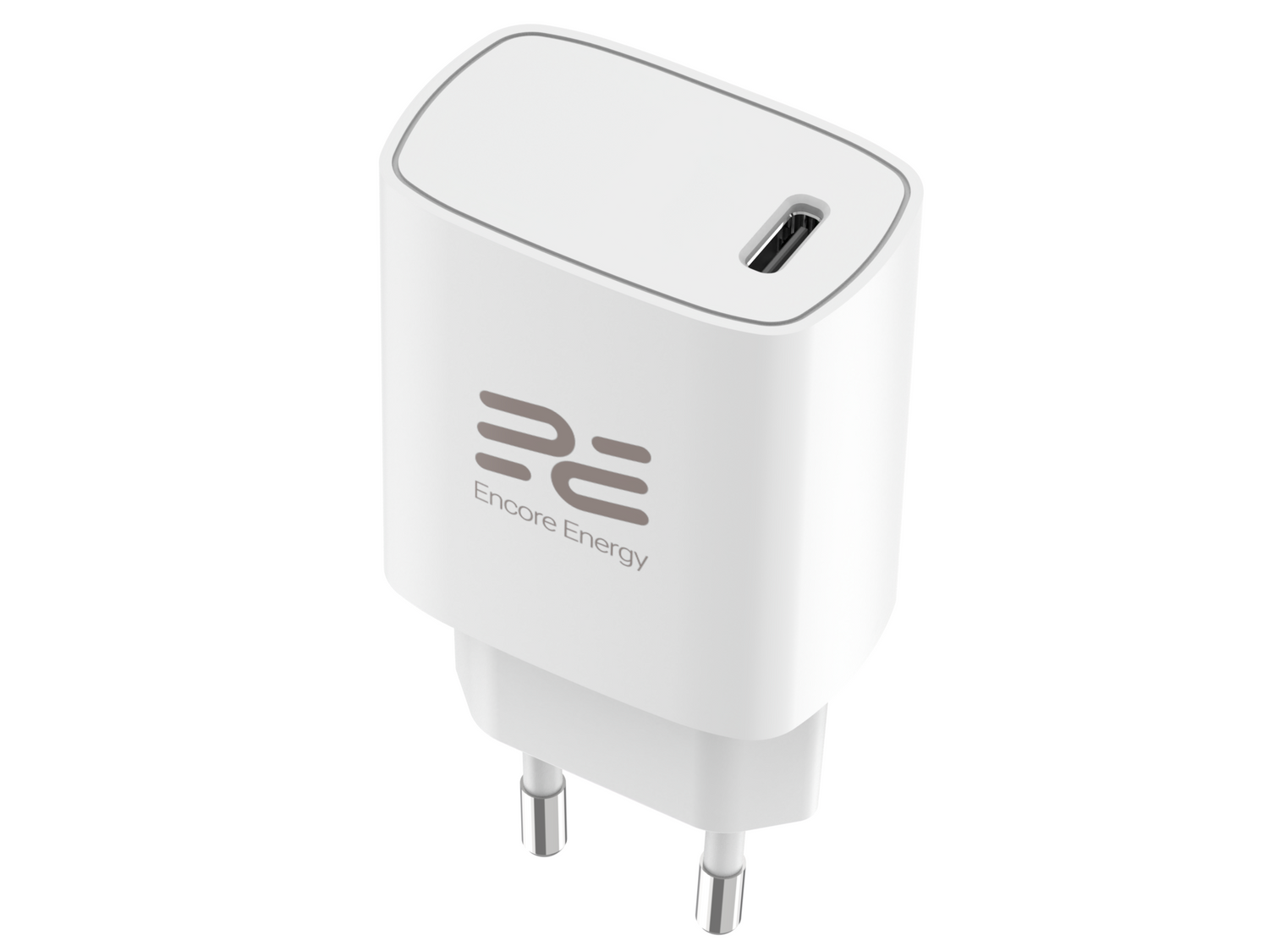 Biała ładowarka sieciowa USB-C z wtyczką UE i logo Encore Energy na białym tle.