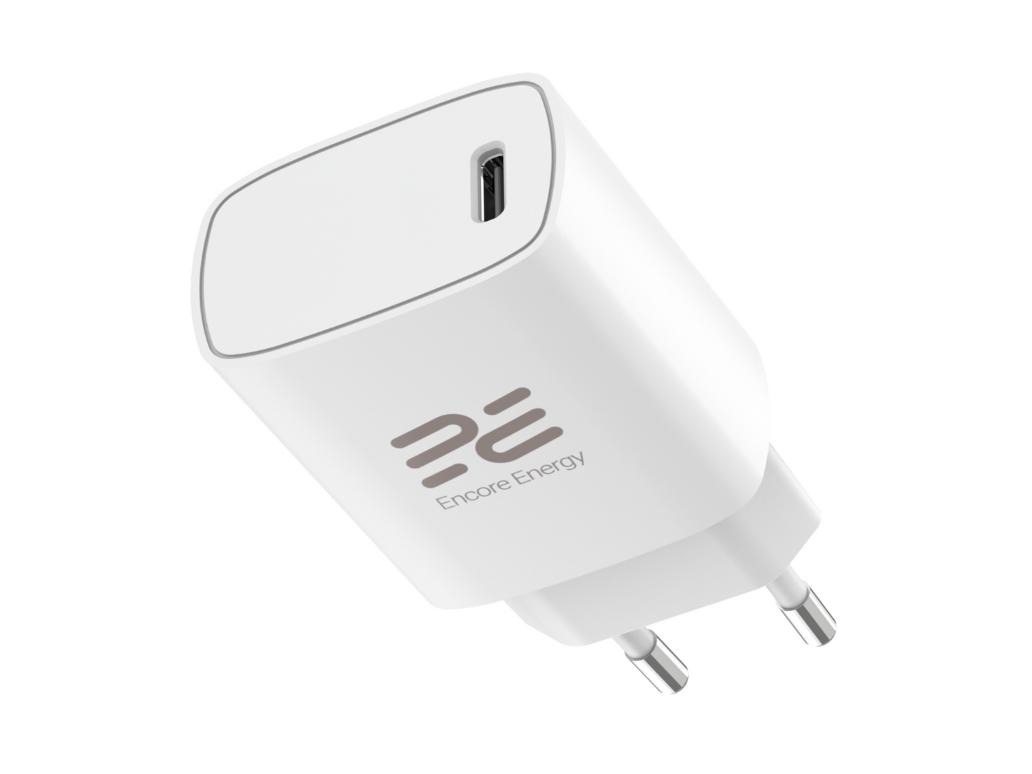 Biała ładowarka ścienna USB Encore Energy z portem Type-C i wtyczką europejską na białym tle.