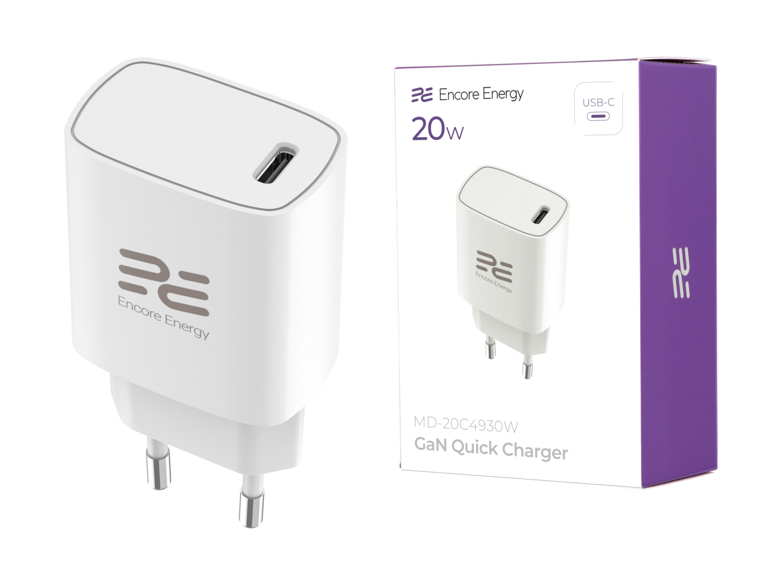 Biała ładowarka szybka GaN Encore Energy 20W z portem USB-C obok swojego pudełka.