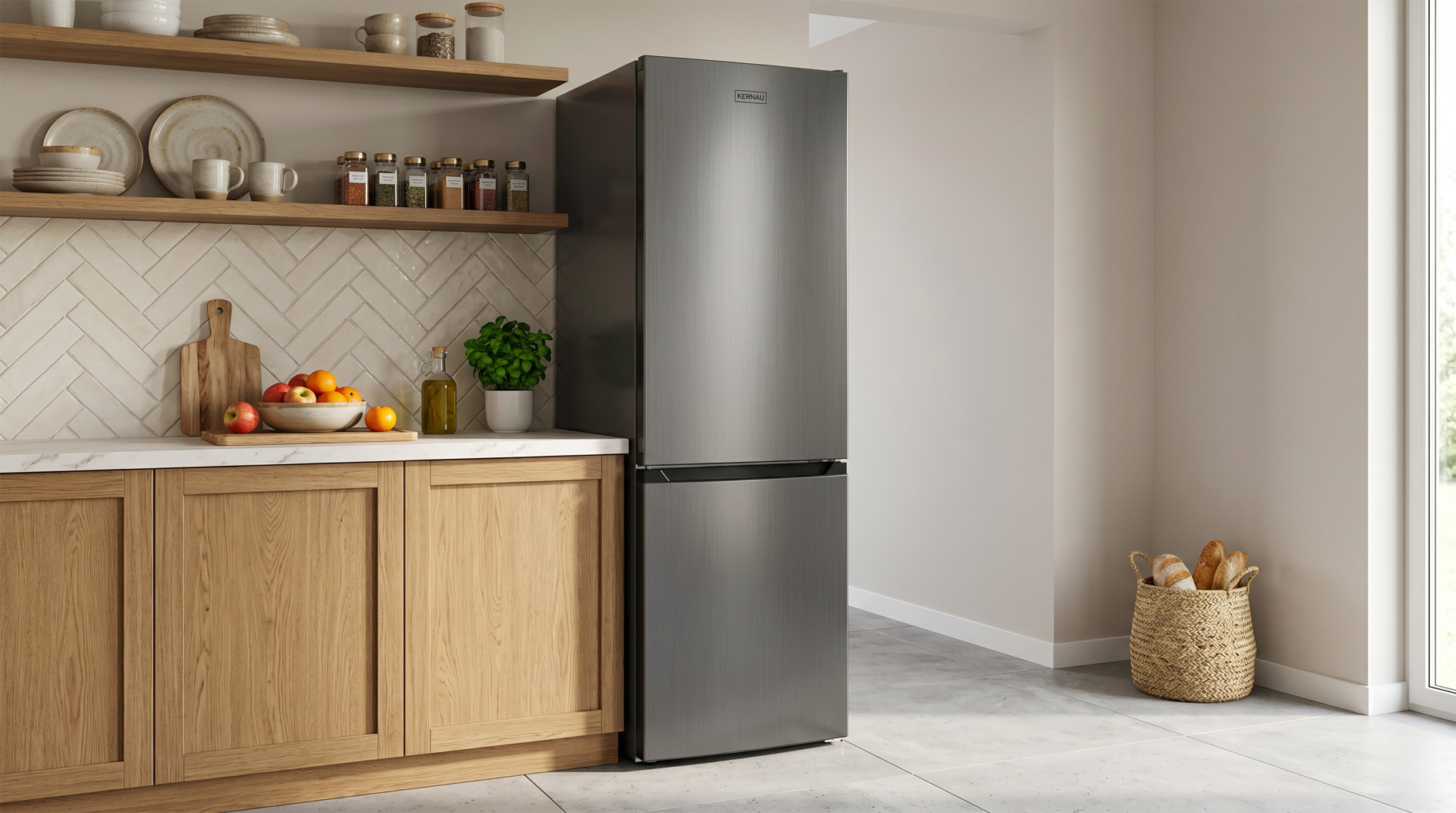 Nowoczesna kuchnia z ciemną metalową lodówką, drewnianymi szafkami i miską z owocami.