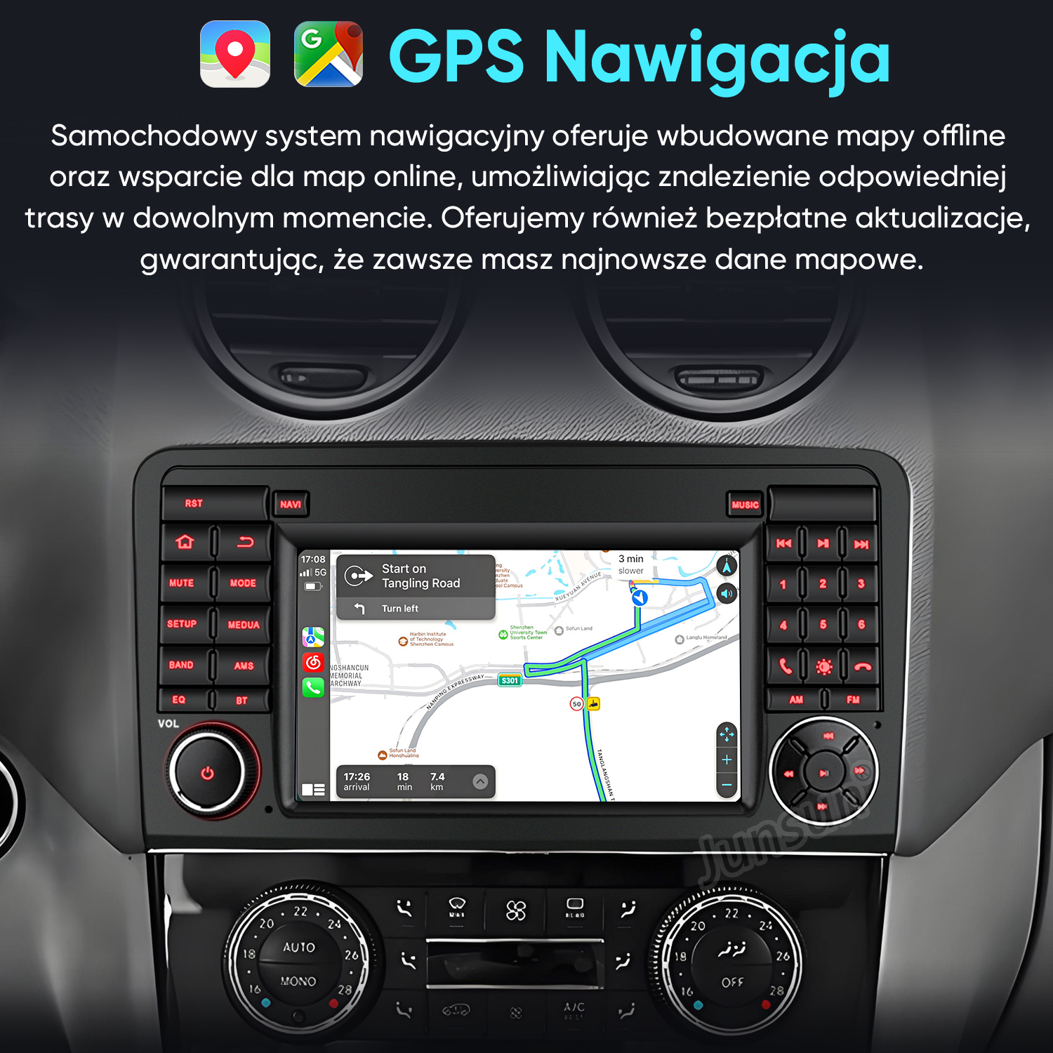 Deska rozdzielcza samochodu z ekranem nawigacji GPS, otoczona fizycznymi przyciskami i nawiewami.