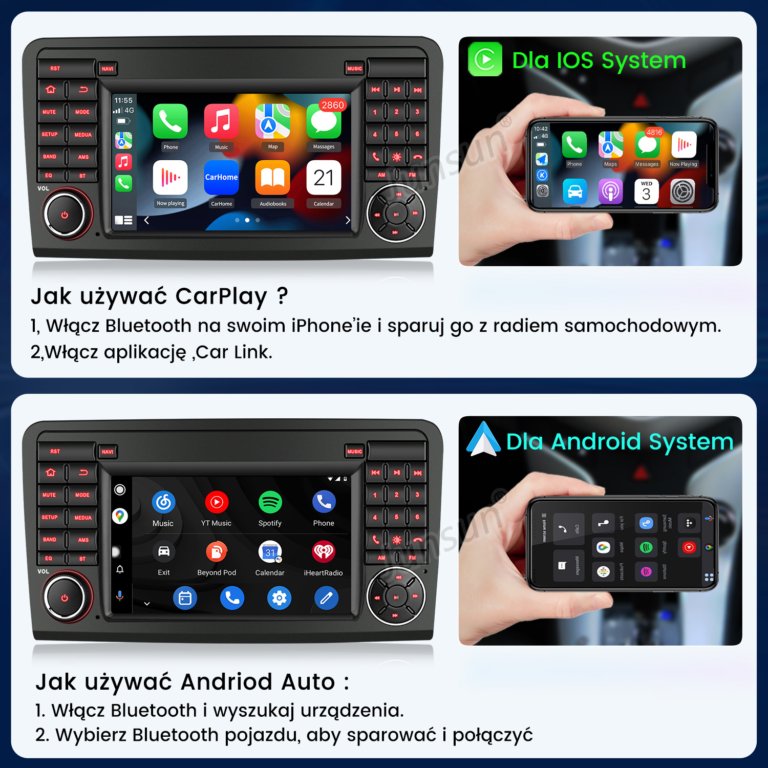 Instrukcje i ekrany radia samochodowego z CarPlay i Android Auto.