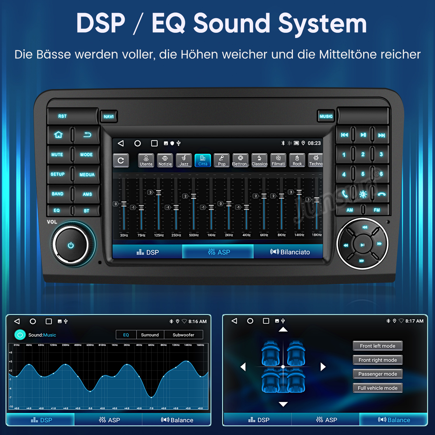 Samochodowy system audio z dużym ekranem, ustawieniami korektora i przyciskami fizycznymi.