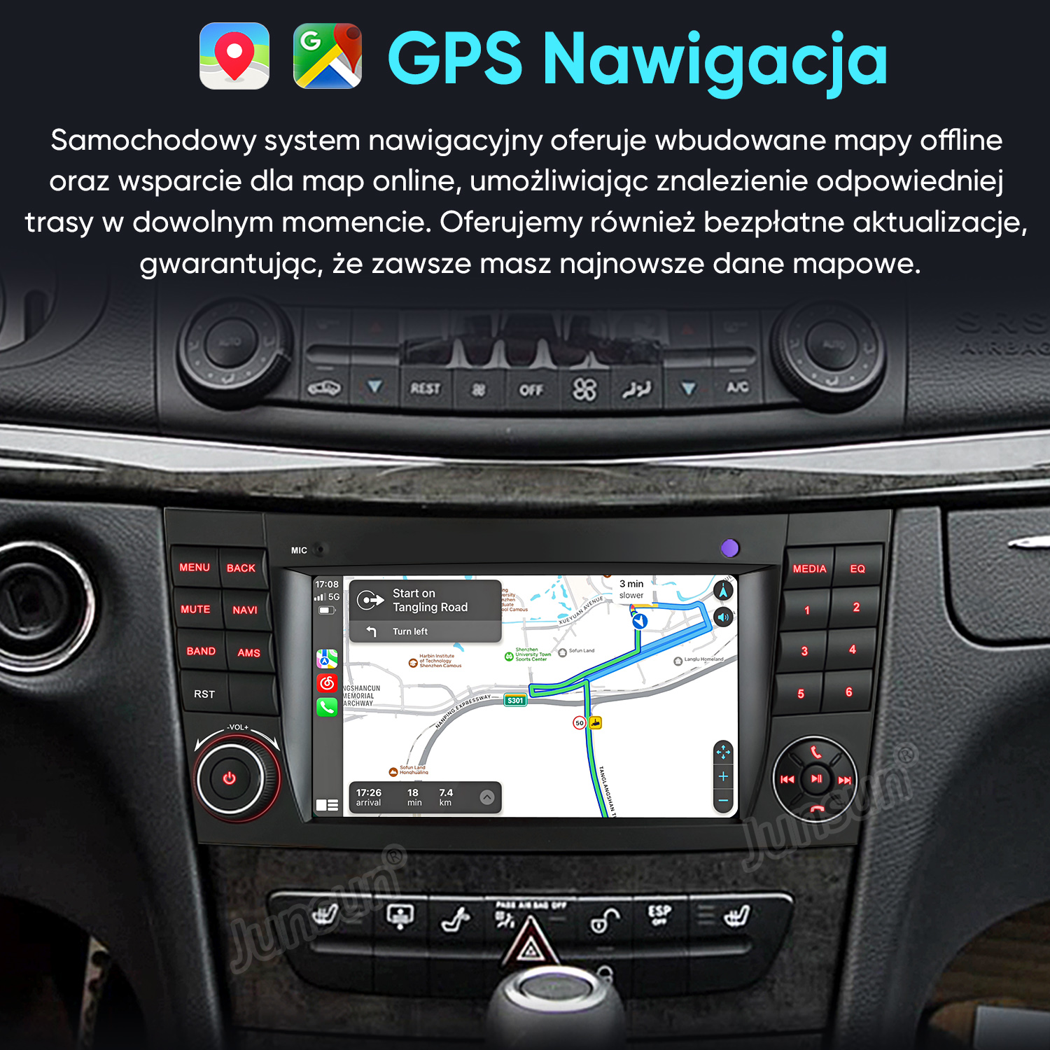 Deska rozdzielcza samochodu z ekranem nawigacji GPS pokazującym mapę.