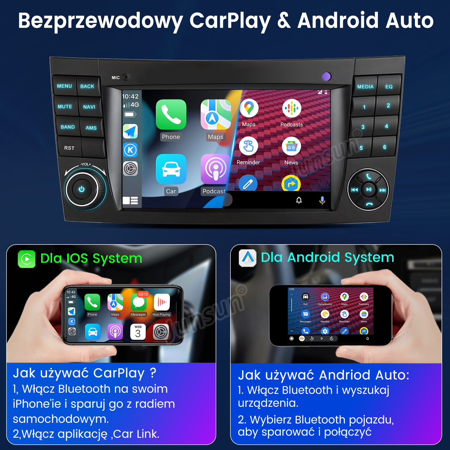 Radio samochodowe obsługujące bezprzewodowy CarPlay i Android Auto.