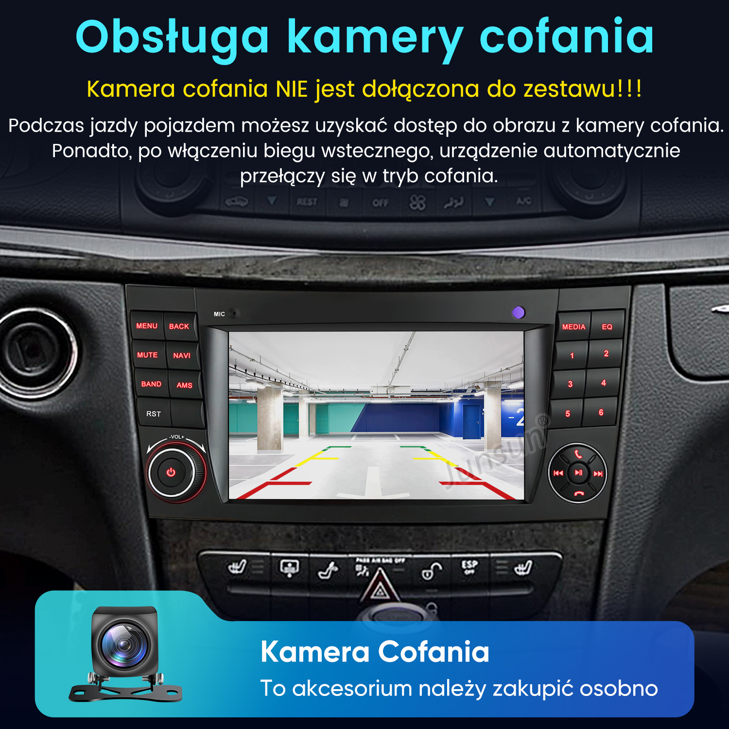 Radio samochodowe z ekranem pokazującym parking i polski tekst.