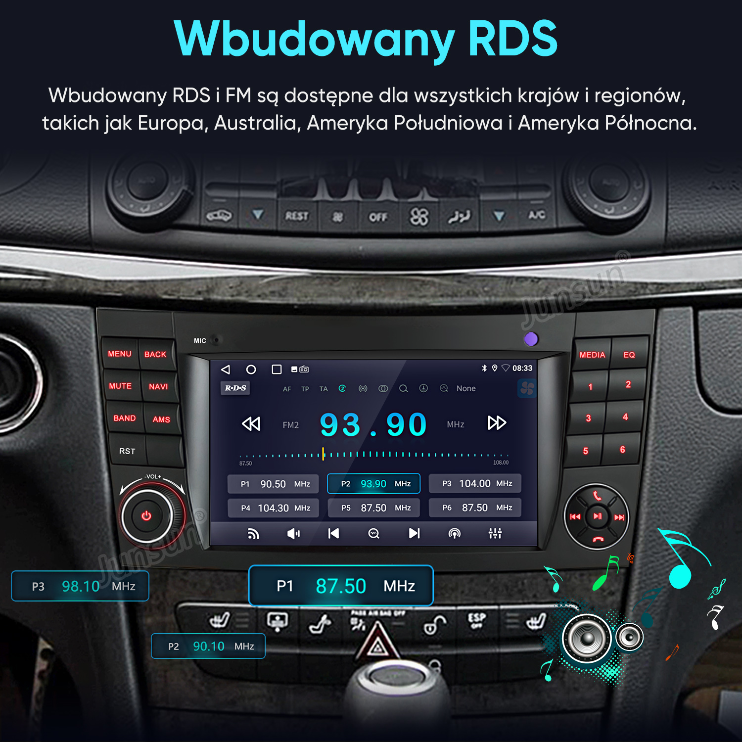 Radio samochodowe z ekranem dotykowym w konsoli pojazdu wyświetlające częstotliwość FM 93.90 MHz.
