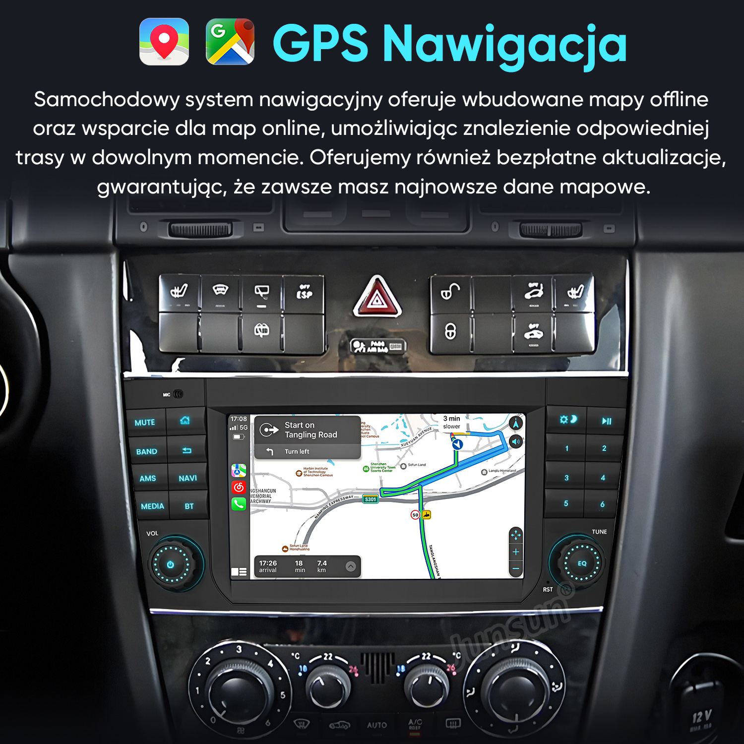 Deska rozdzielcza samochodu z mapą nawigacji GPS na ekranie dotykowym.
