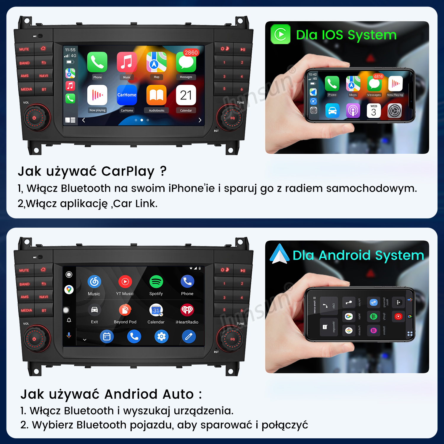 Instrukcja korzystania z CarPlay i Android Auto na ekranie radia samochodowego ze smartfonem.