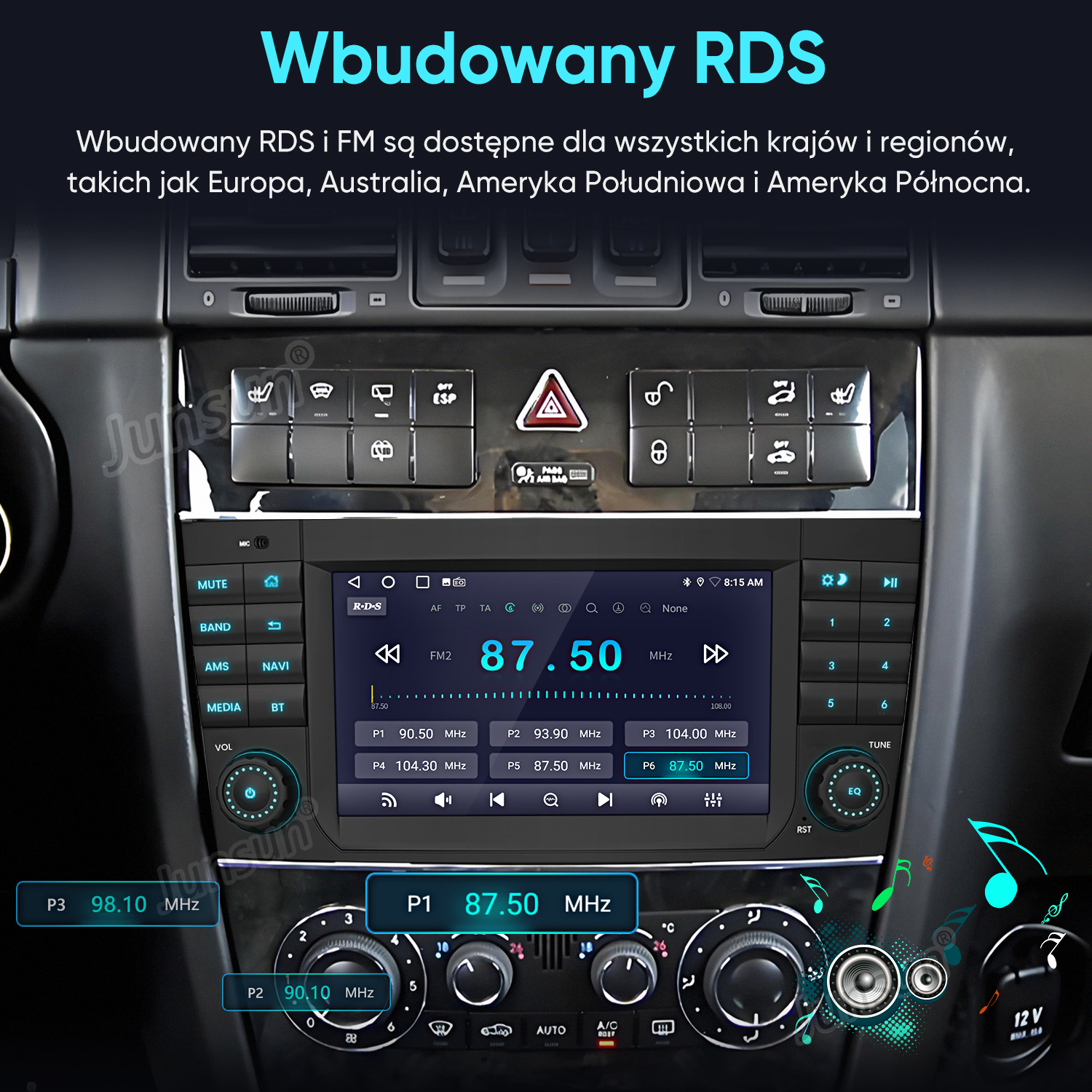 Deska rozdzielcza samochodu z radiem multimedialnym z wbudowanym RDS i FM.